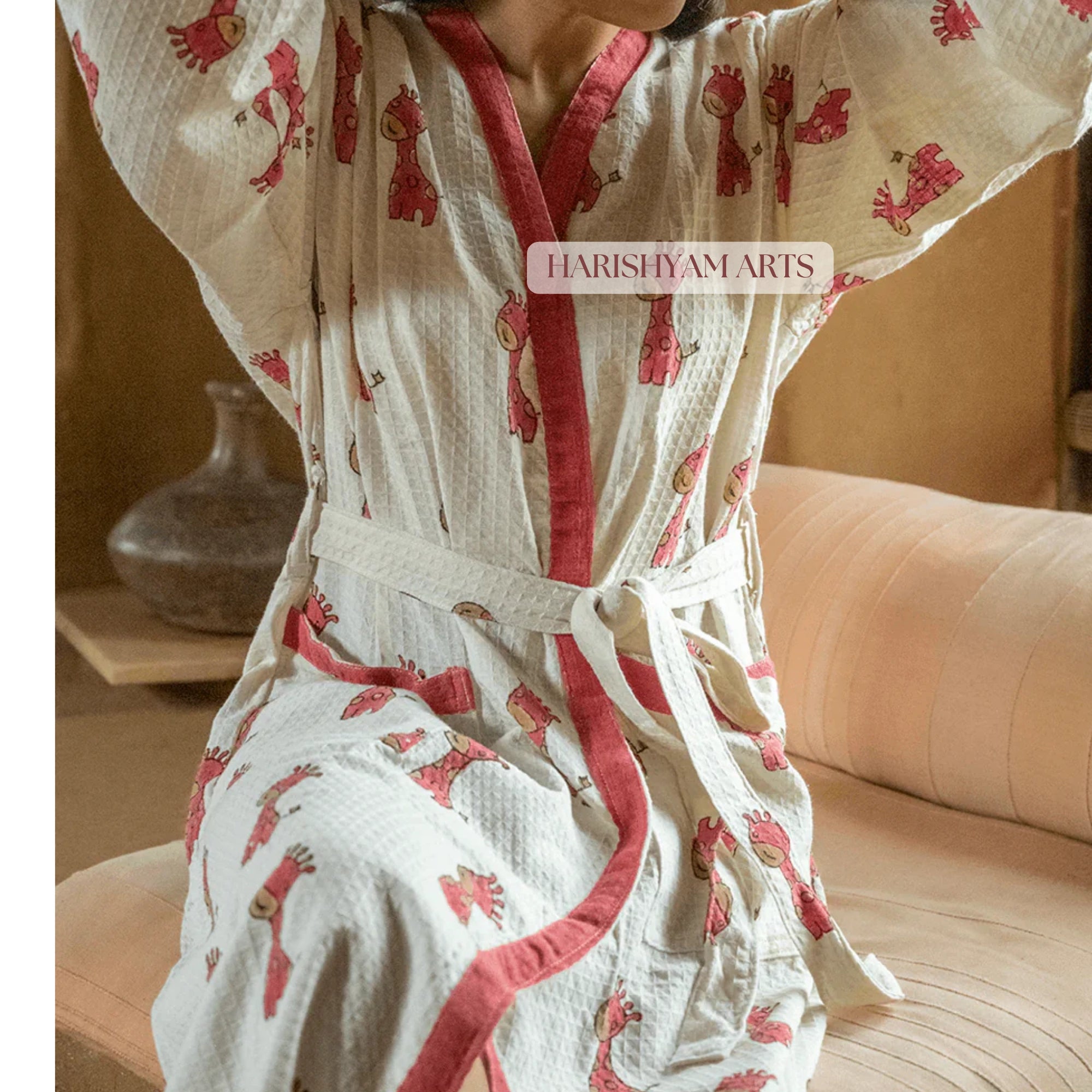 Red Giraffe Boho Handblock Cotton Bathrobe