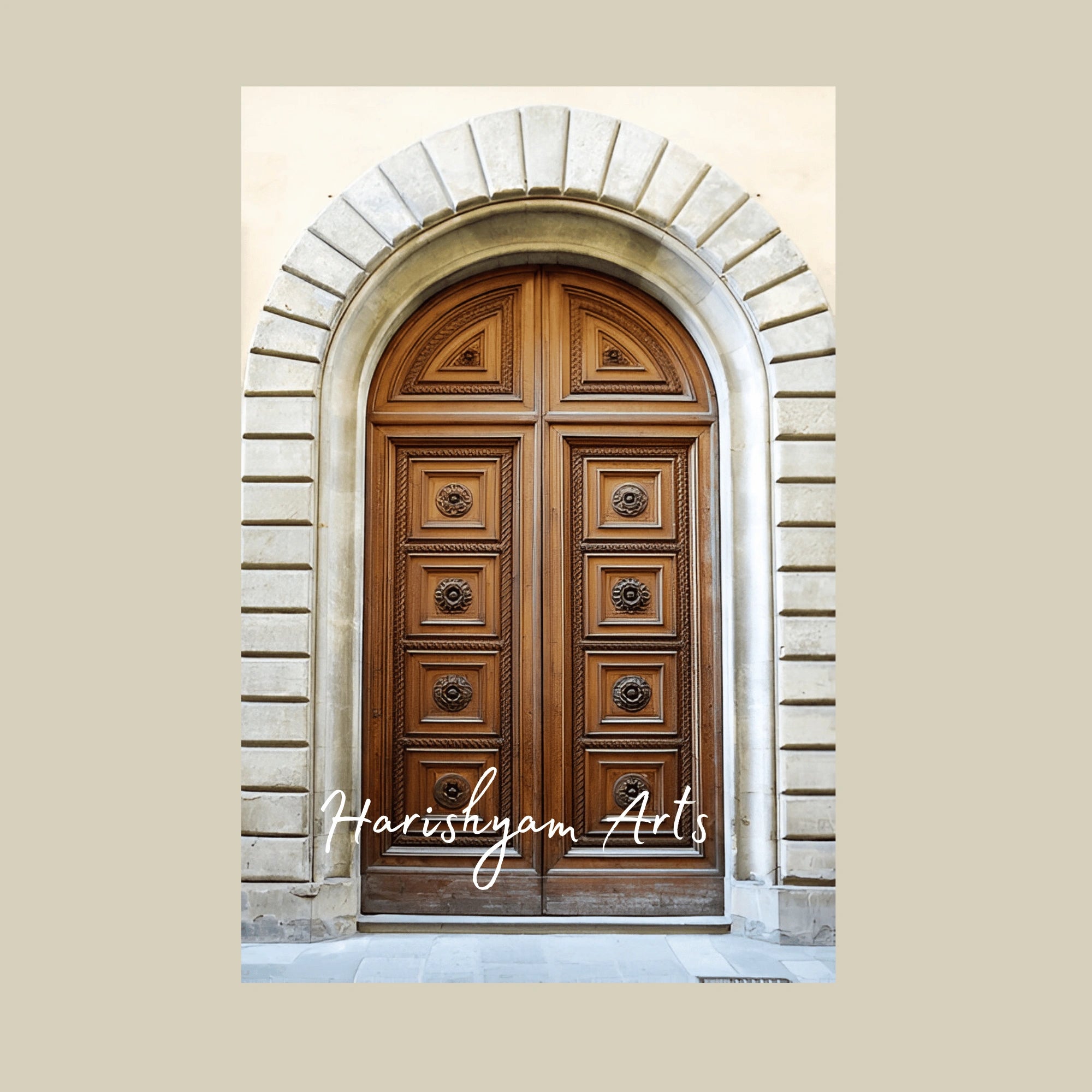 Renaissance Arched Double Door – Solid Teak Grand Entryway with Ornate Panels, Italian Palazzo Main Door