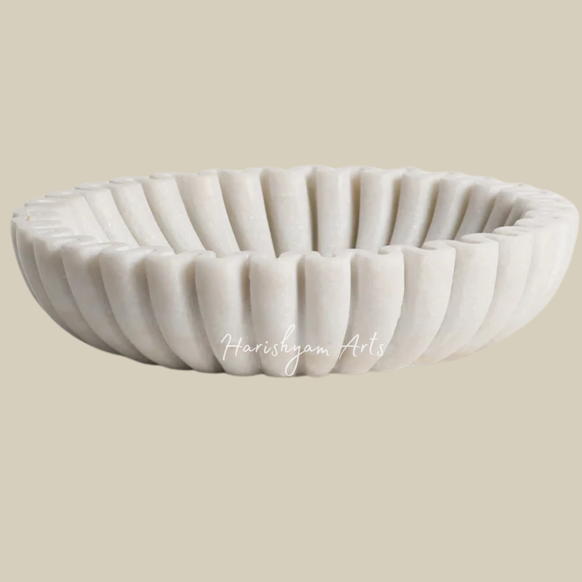 Ribbed Round White Marble Urli Bowl Medium Size for Home Décor