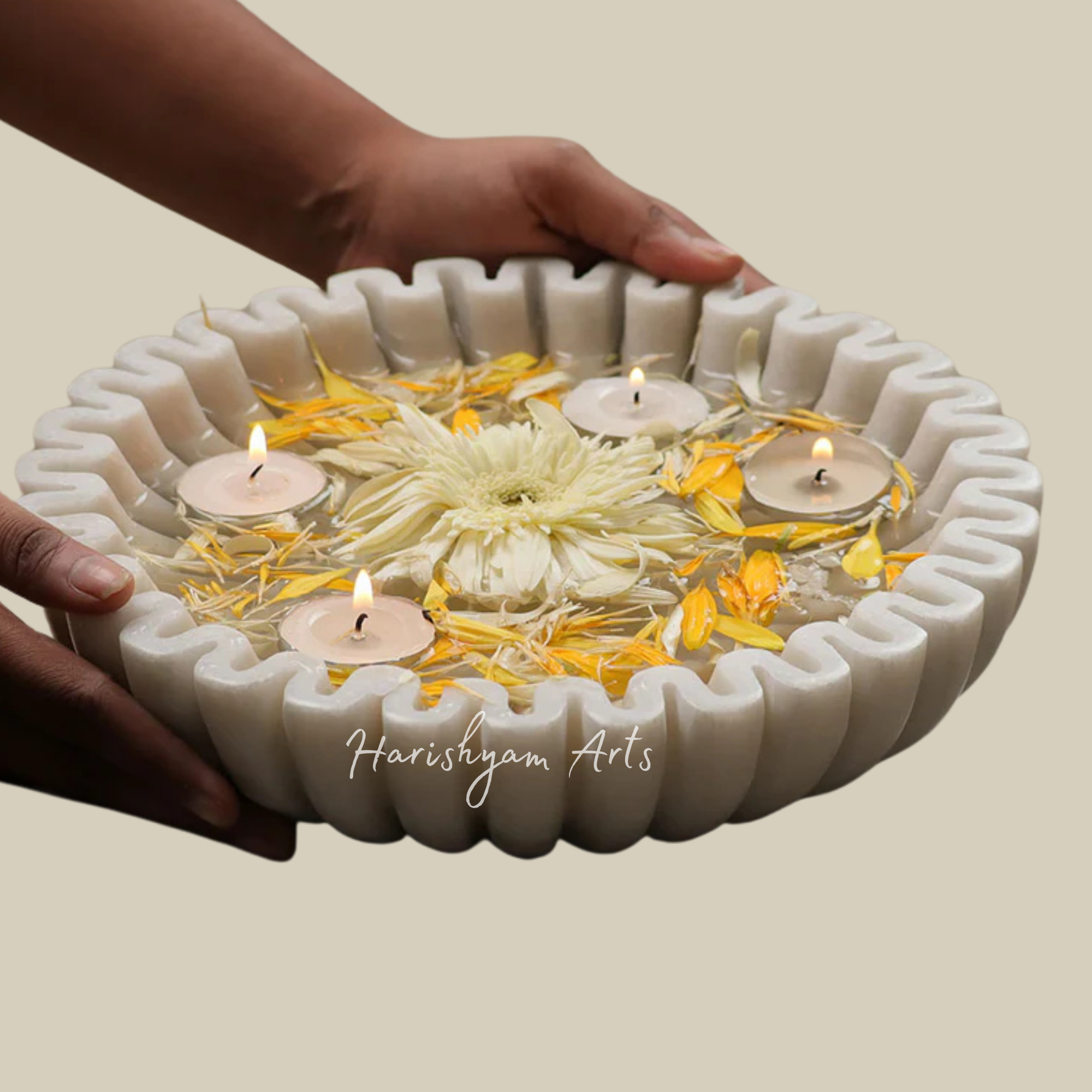 Ribbed Round White Marble Urli Bowl Medium Size for Home Décor3