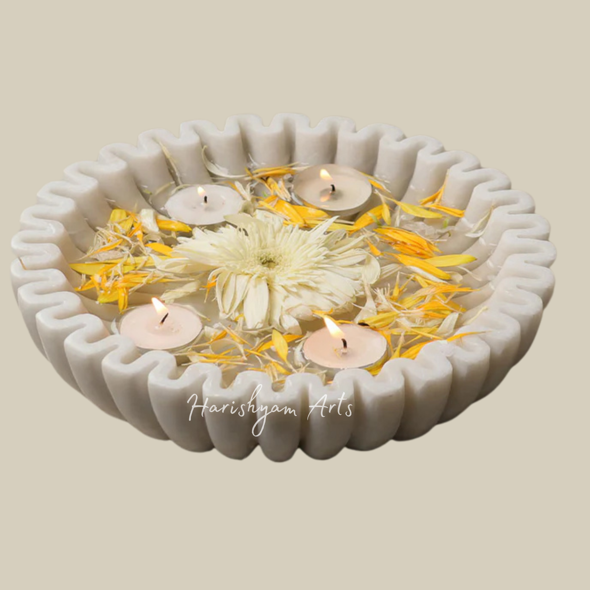 Ribbed Round White Marble Urli Bowl Medium Size for Home Décor4