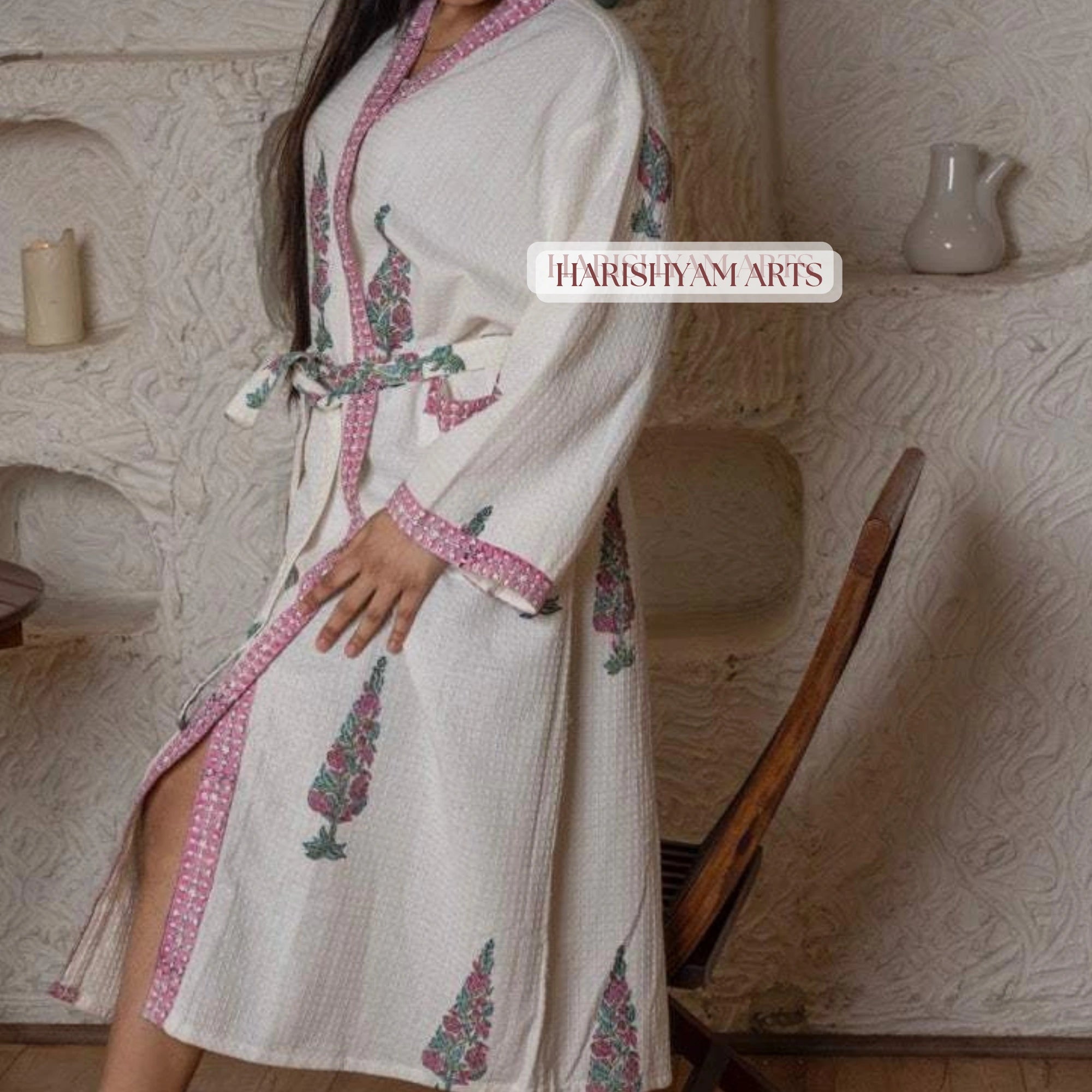 Rose Pine Ethnic Printed Cotton Bathrobe for Women