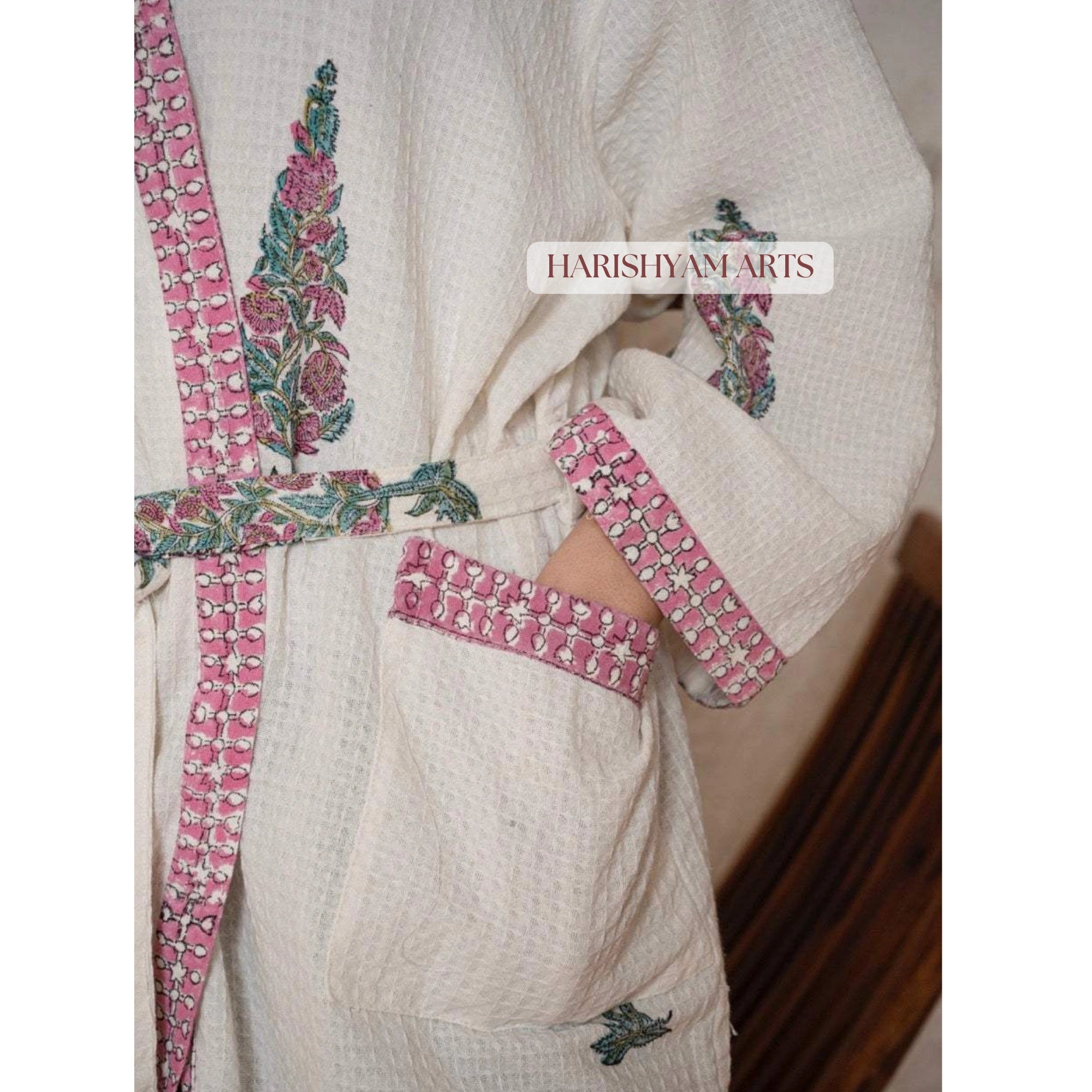 Rose Pine Ethnic Printed Cotton Bathrobe for Women