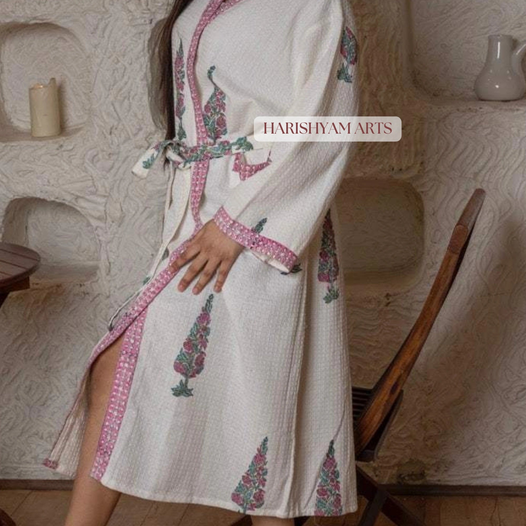Rose Pine Ethnic Printed Cotton Bathrobe for Women