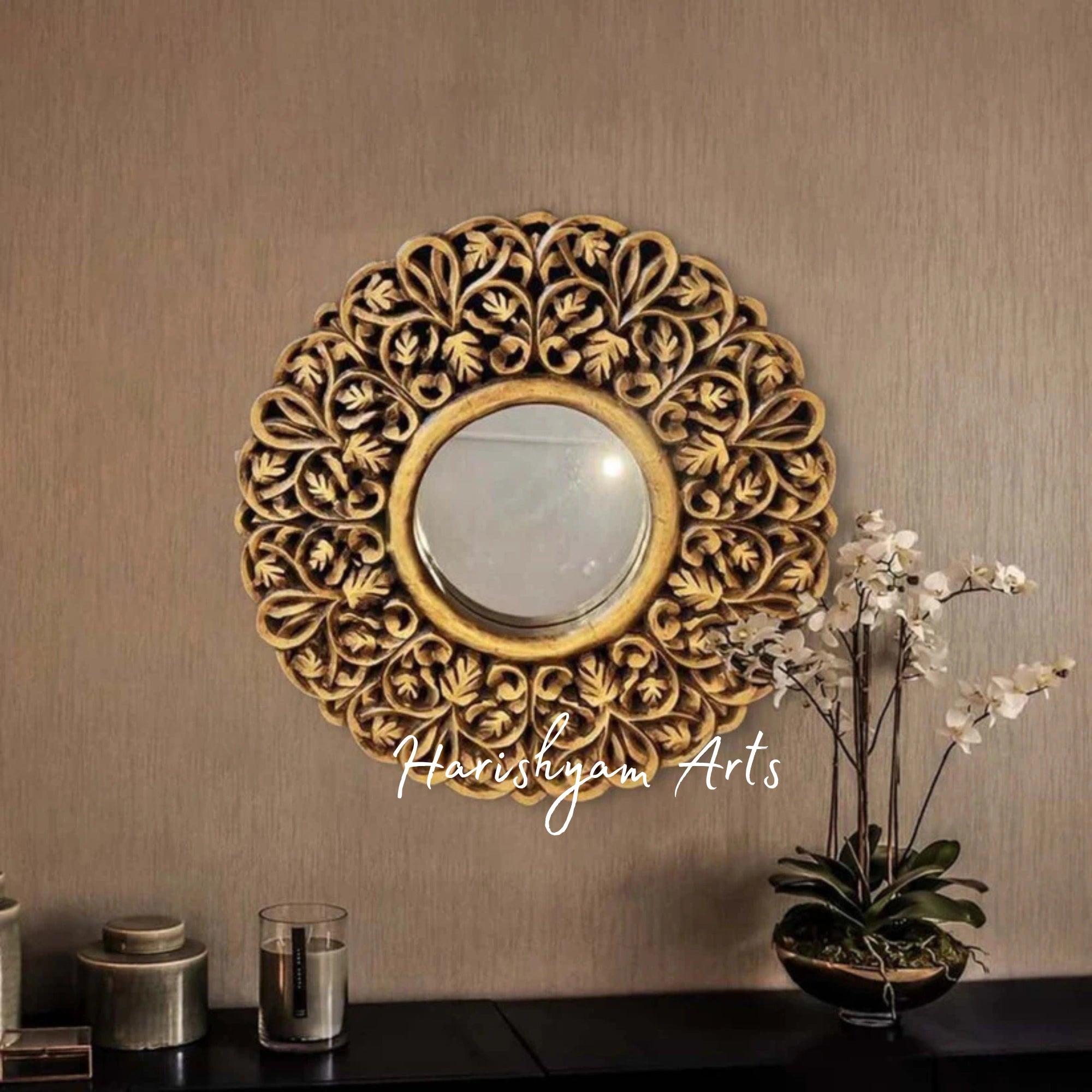 Round Carved Wooden Wall Mirror