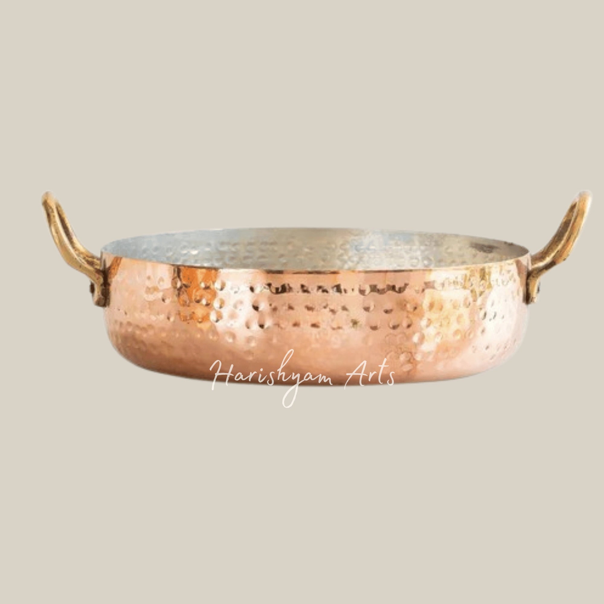 Round Copper Serving Dish with Dual Brass Handles and Tin Lining