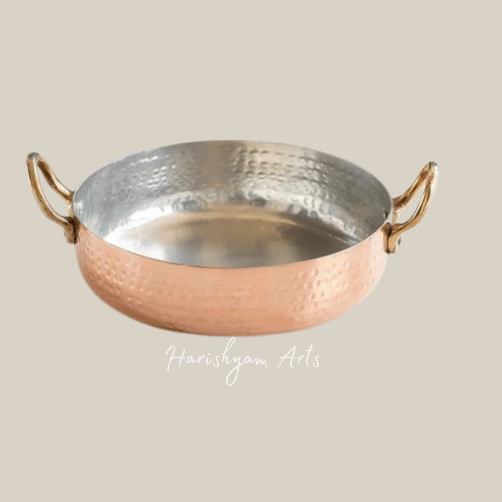 Round Copper Serving Dish with Dual Brass Handles and Tin Lining