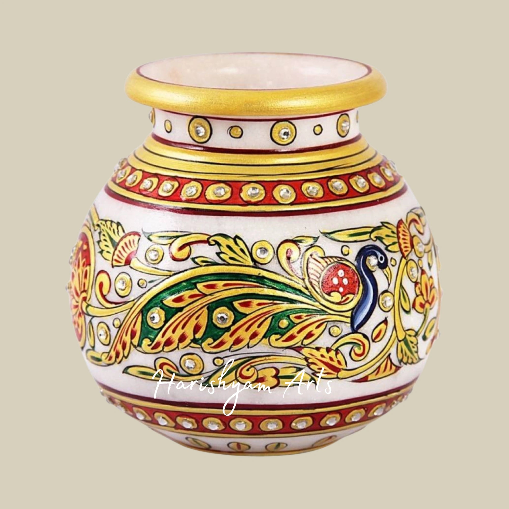 Round Marble Flower Pot with Peacock Painting and Long Feathers
