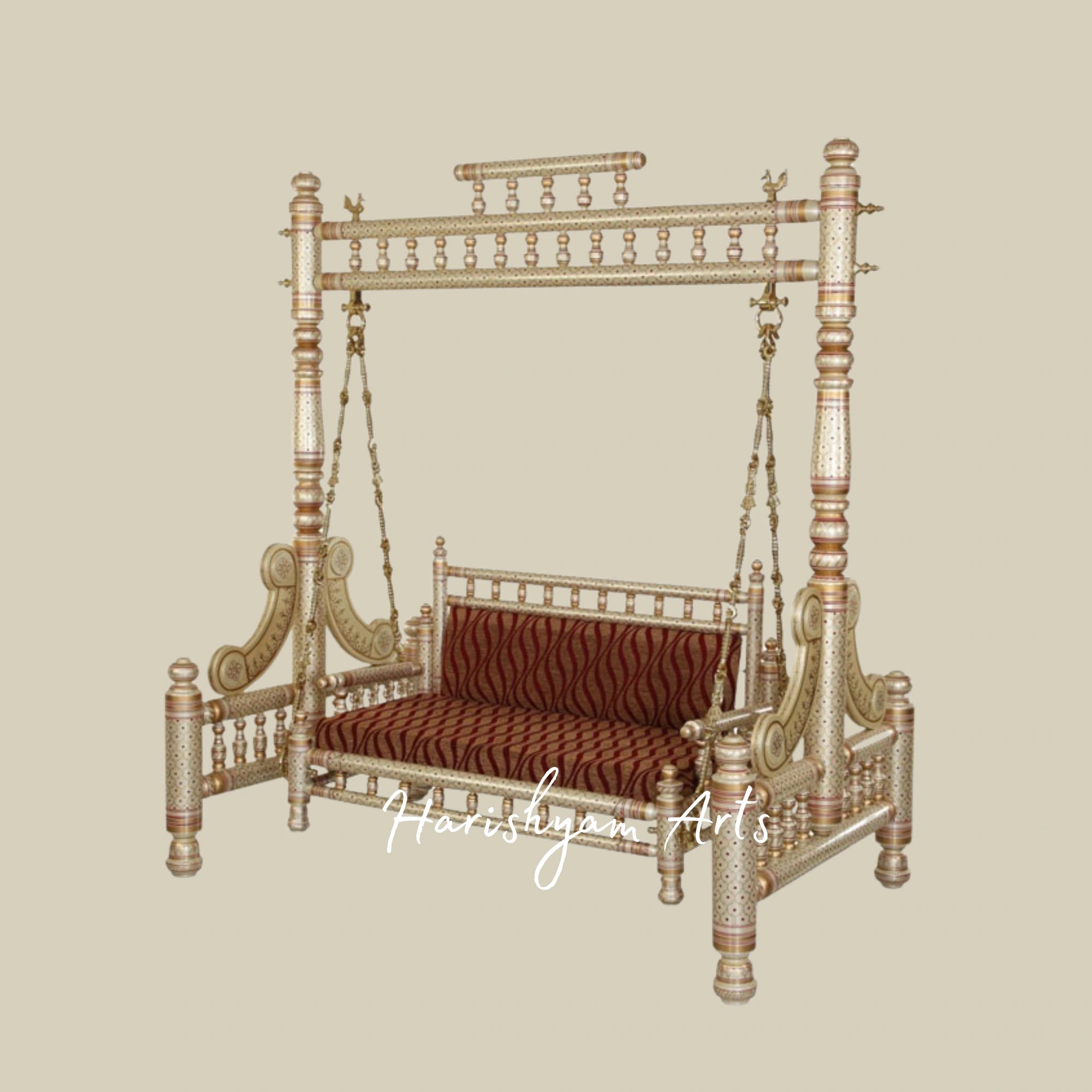 Royal Brass Finish Wooden Jhula Swing with Designer Pillars1