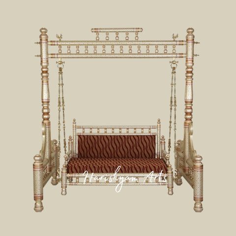 Royal Brass Finish Wooden Jhula Swing with Designer Pillars