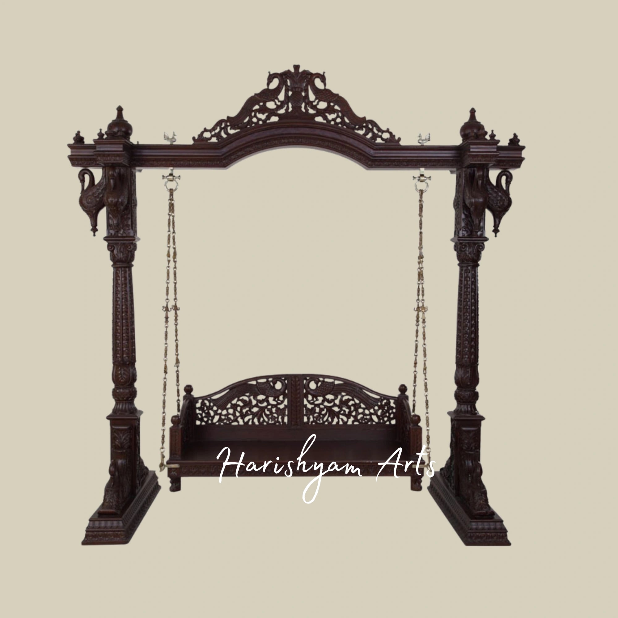 Royal Dark Teak Wooden Jhula Swing with Peacock Carvings