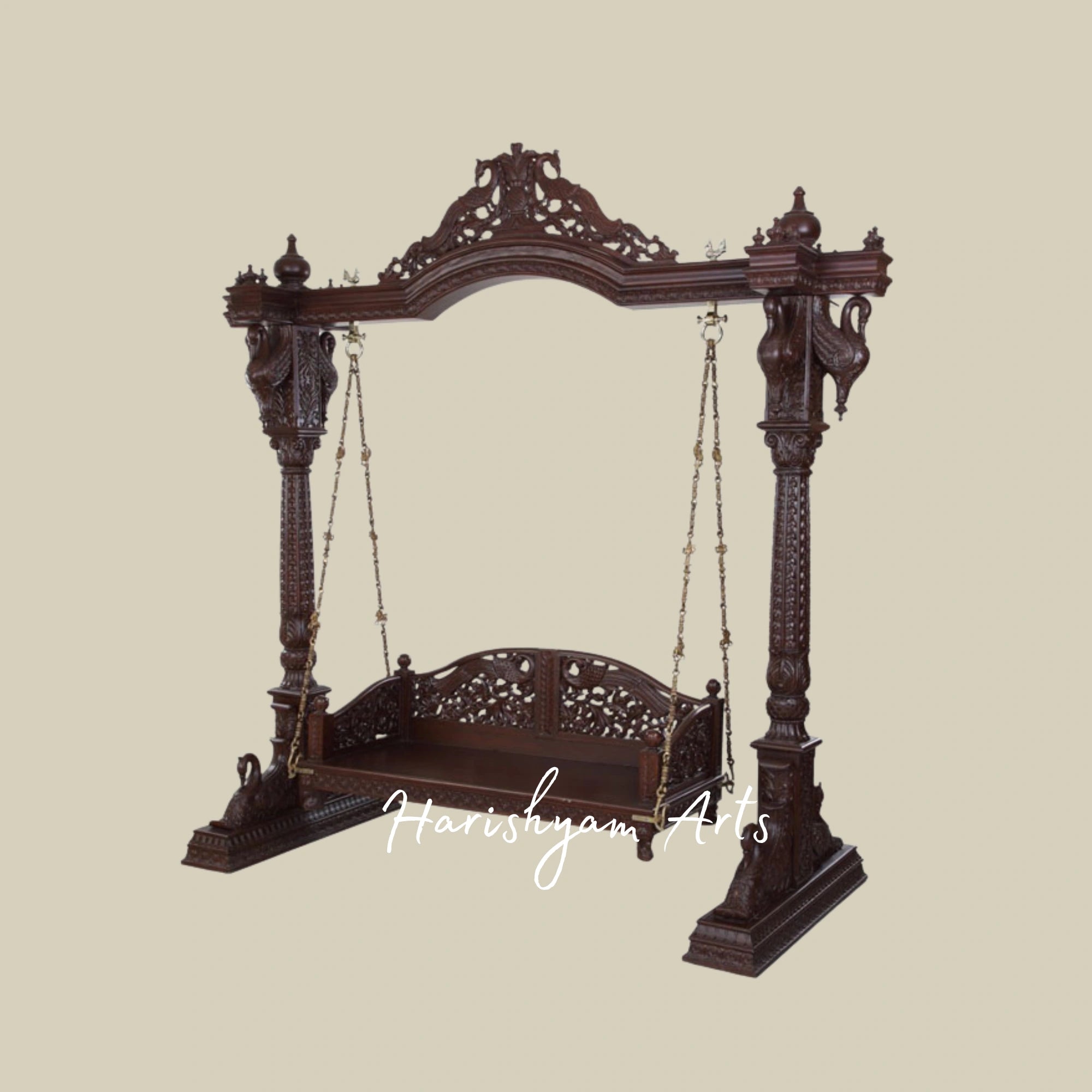 Royal Dark Teak Wooden Jhula Swing with Peacock Carvings