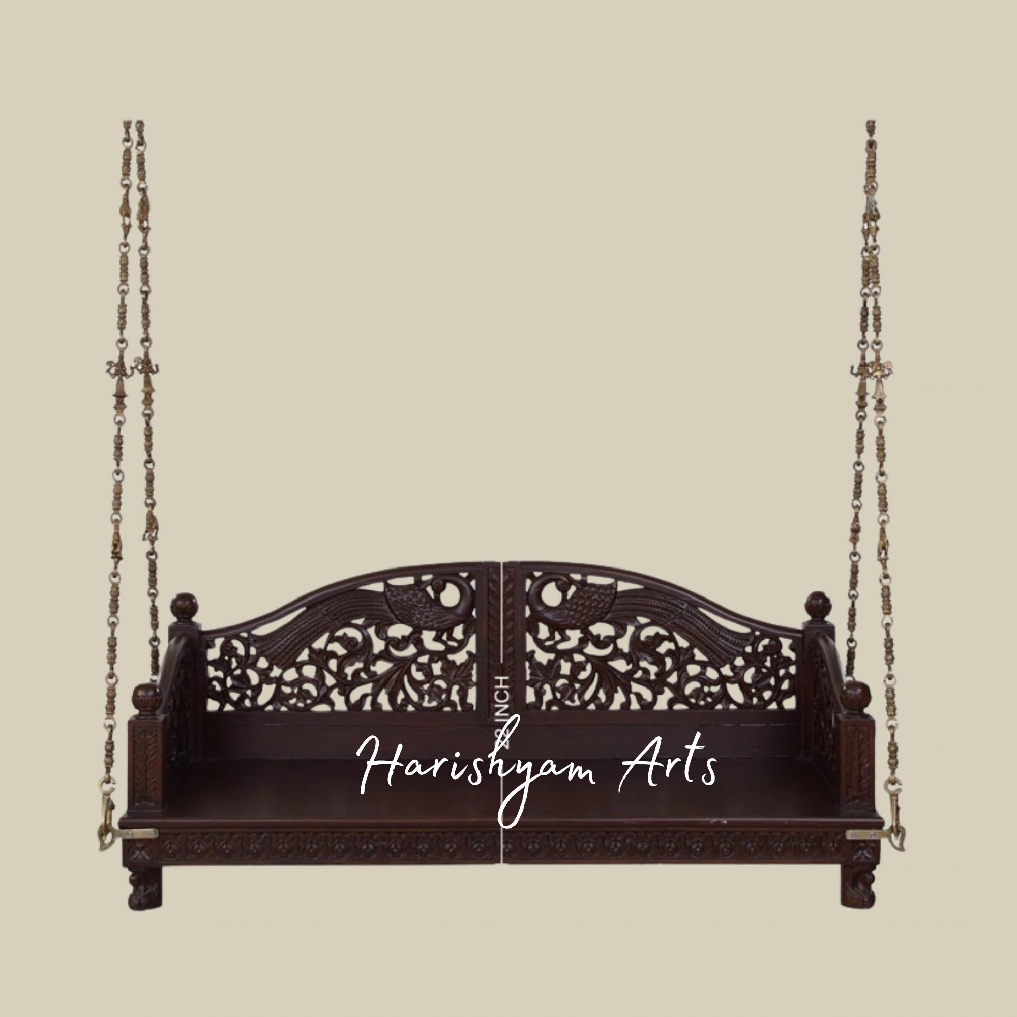 Royal Dark Teak Wooden Jhula Swing with Peacock Carvings