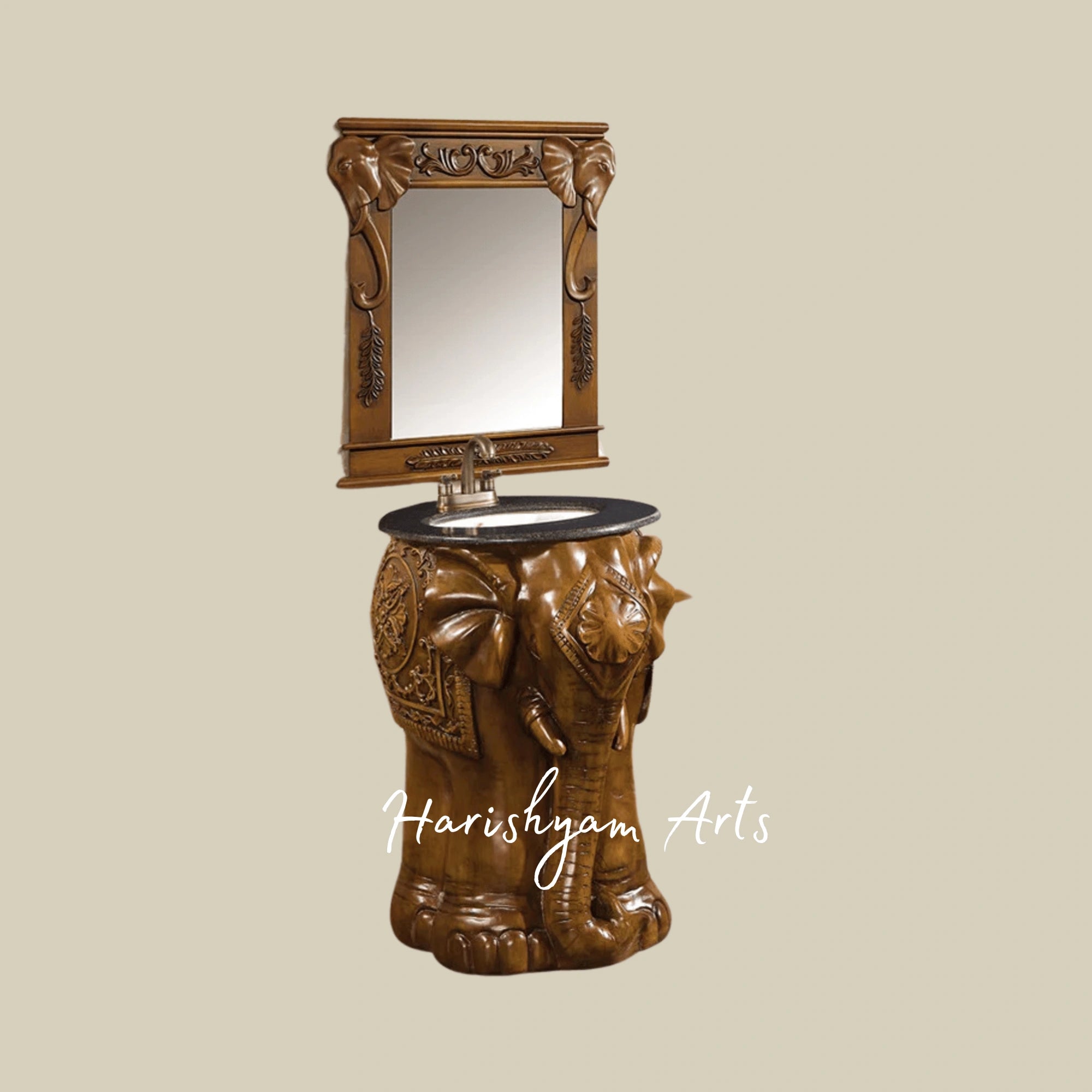 Royal Elephant Carved Wooden Bathroom Vanity with Mirror