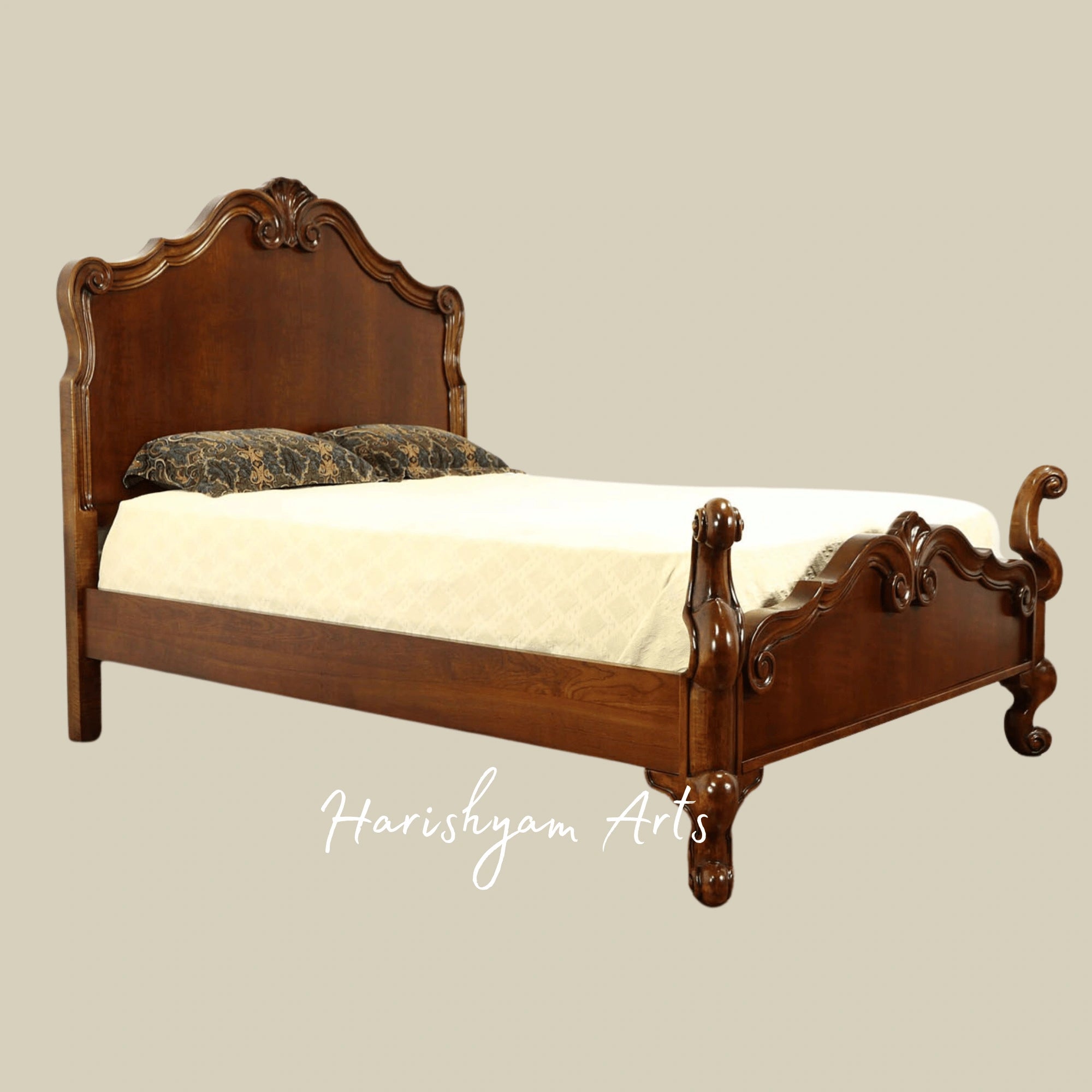 Royal Handcrafted Wooden Bed with Curved Headboard
