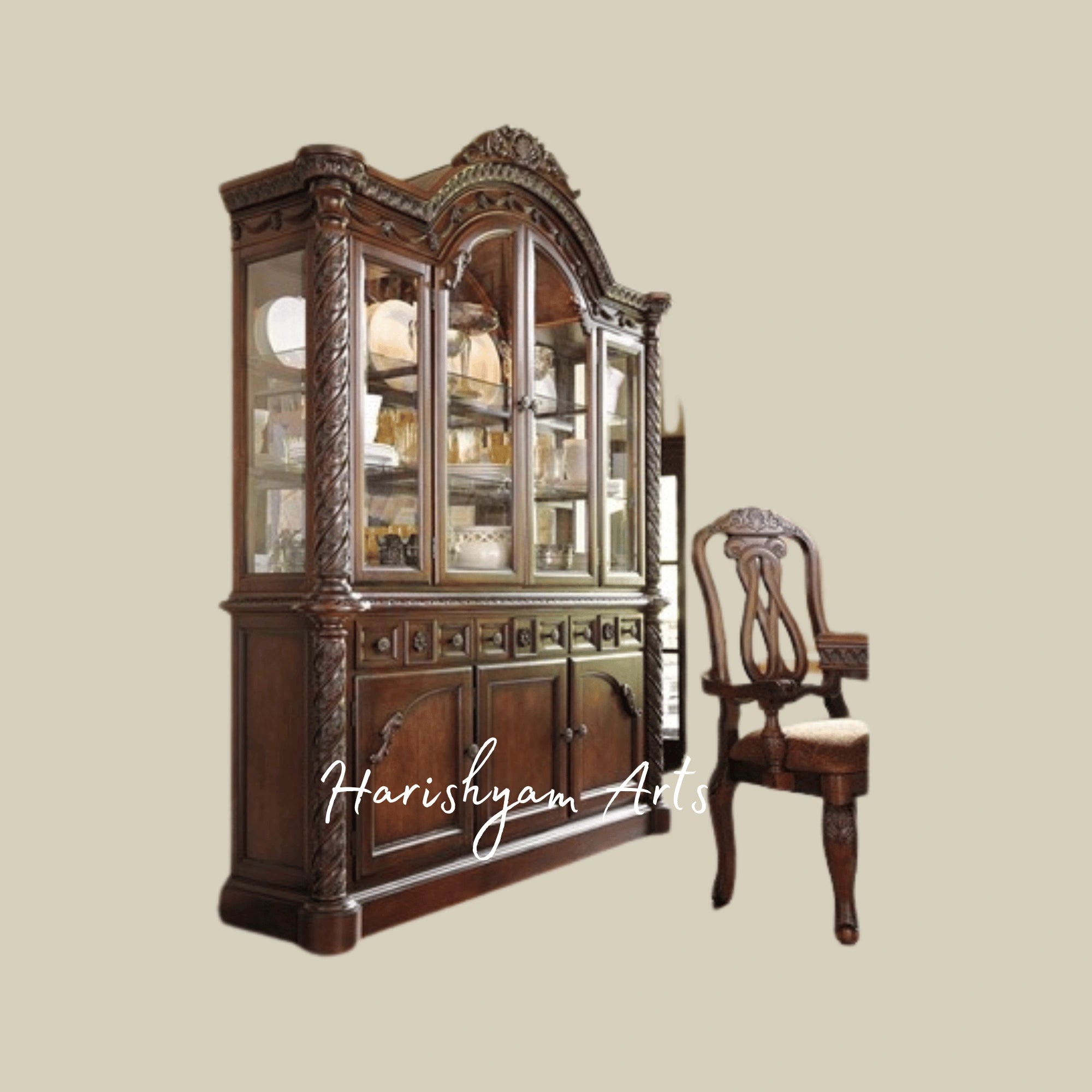 Royal Victorian Arched Glass Crockery Display Cabinet with Carved Columns and Ornate Wooden Doors2
