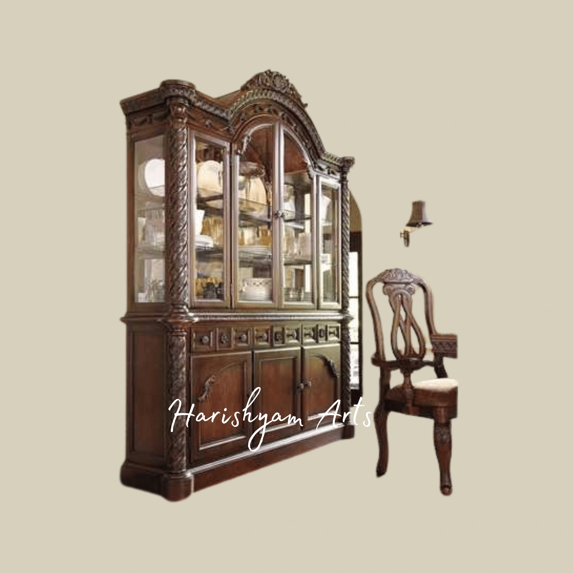 Royal Victorian Arched Glass Crockery Display Cabinet with Carved Columns and Ornate Wooden Doors3