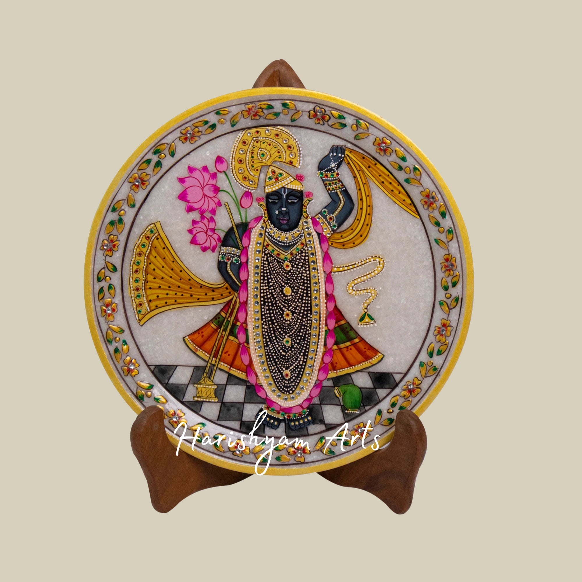 Sacred Shrinath Ji Marble Plate With Handcrafted Gold Leaf Artwork