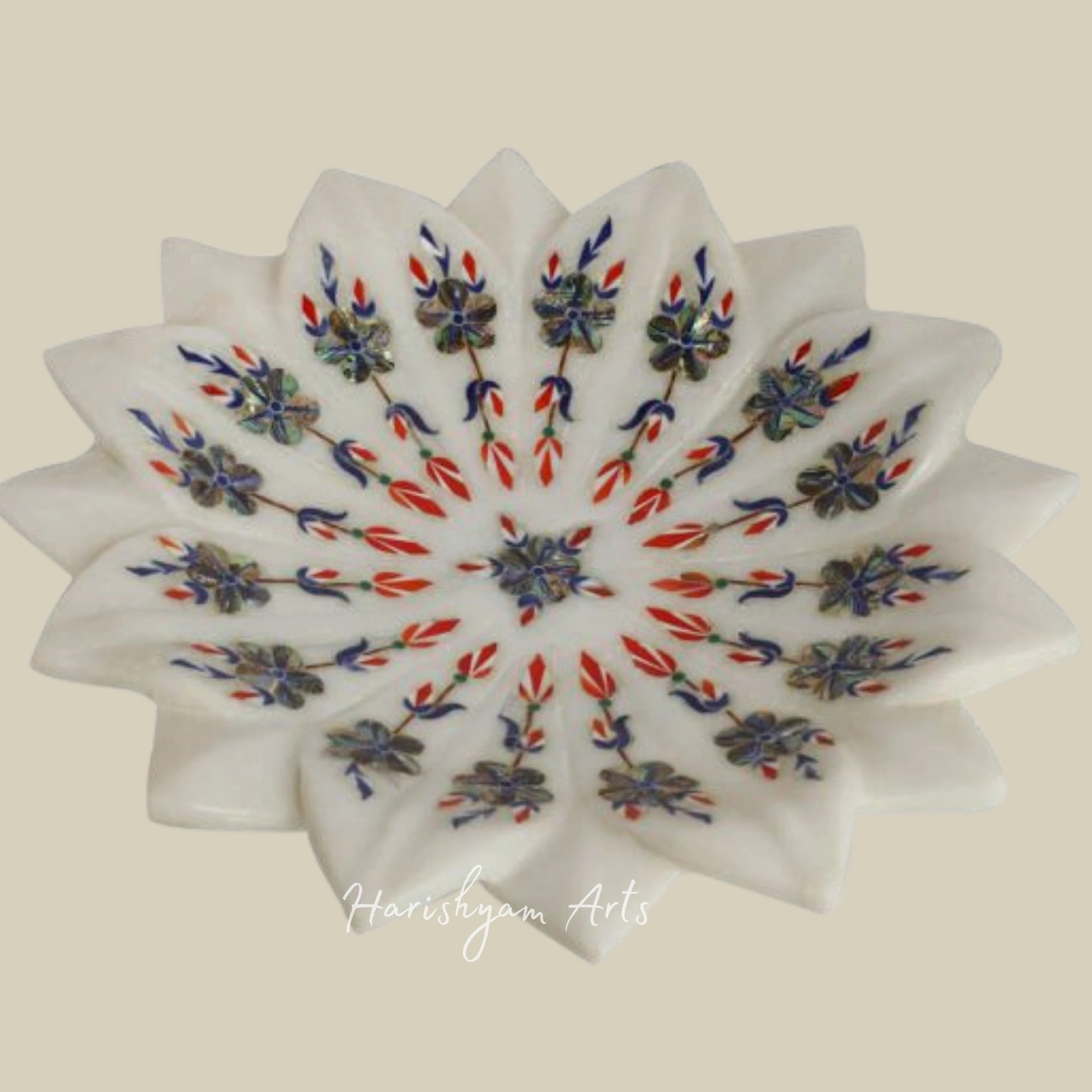 Semi-Precious Stone Inlay Marble Urli Bowl with Lotus Plate Design