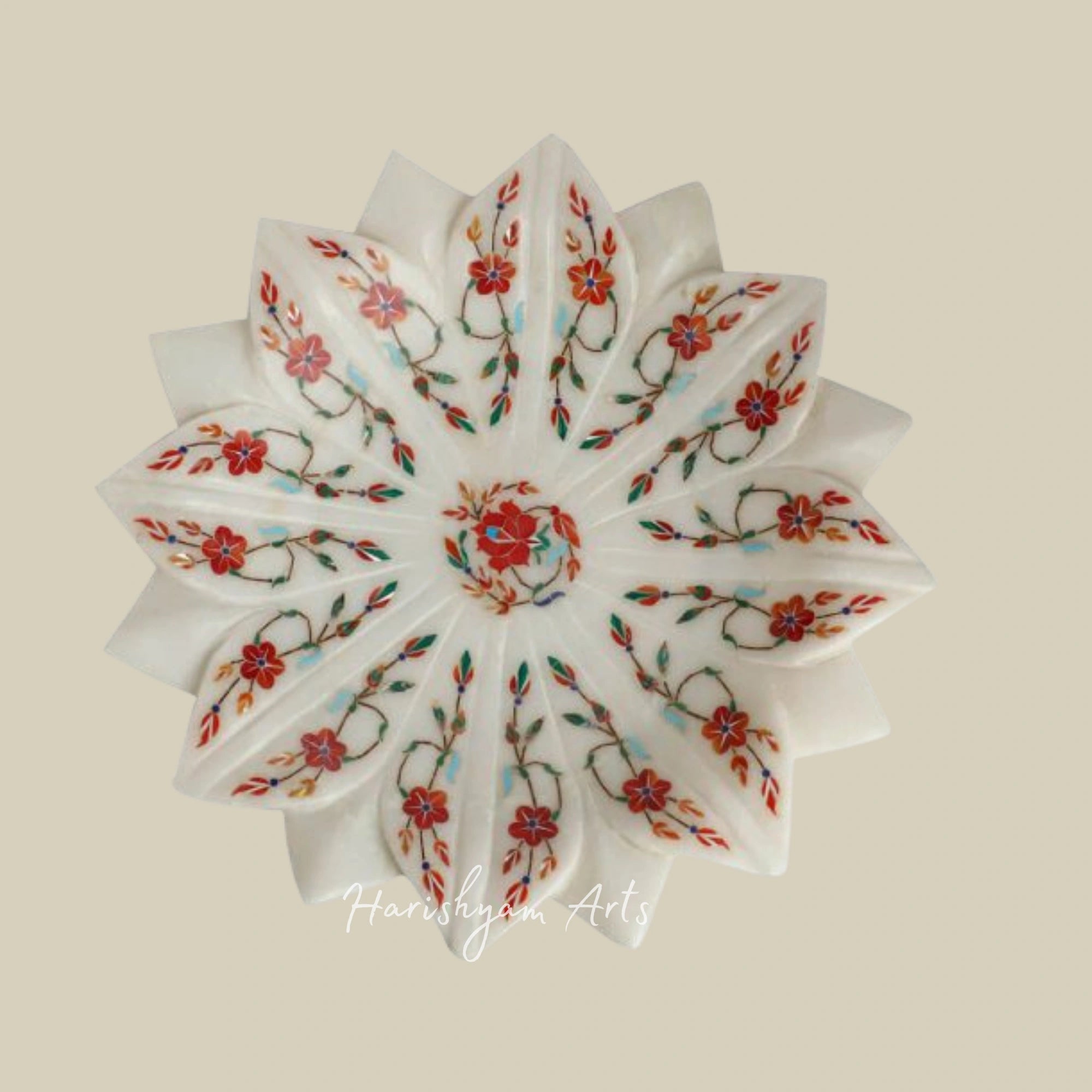 Semi-Precious Stone Inlay Marble Urli Bowl with Lotus Plate Design2