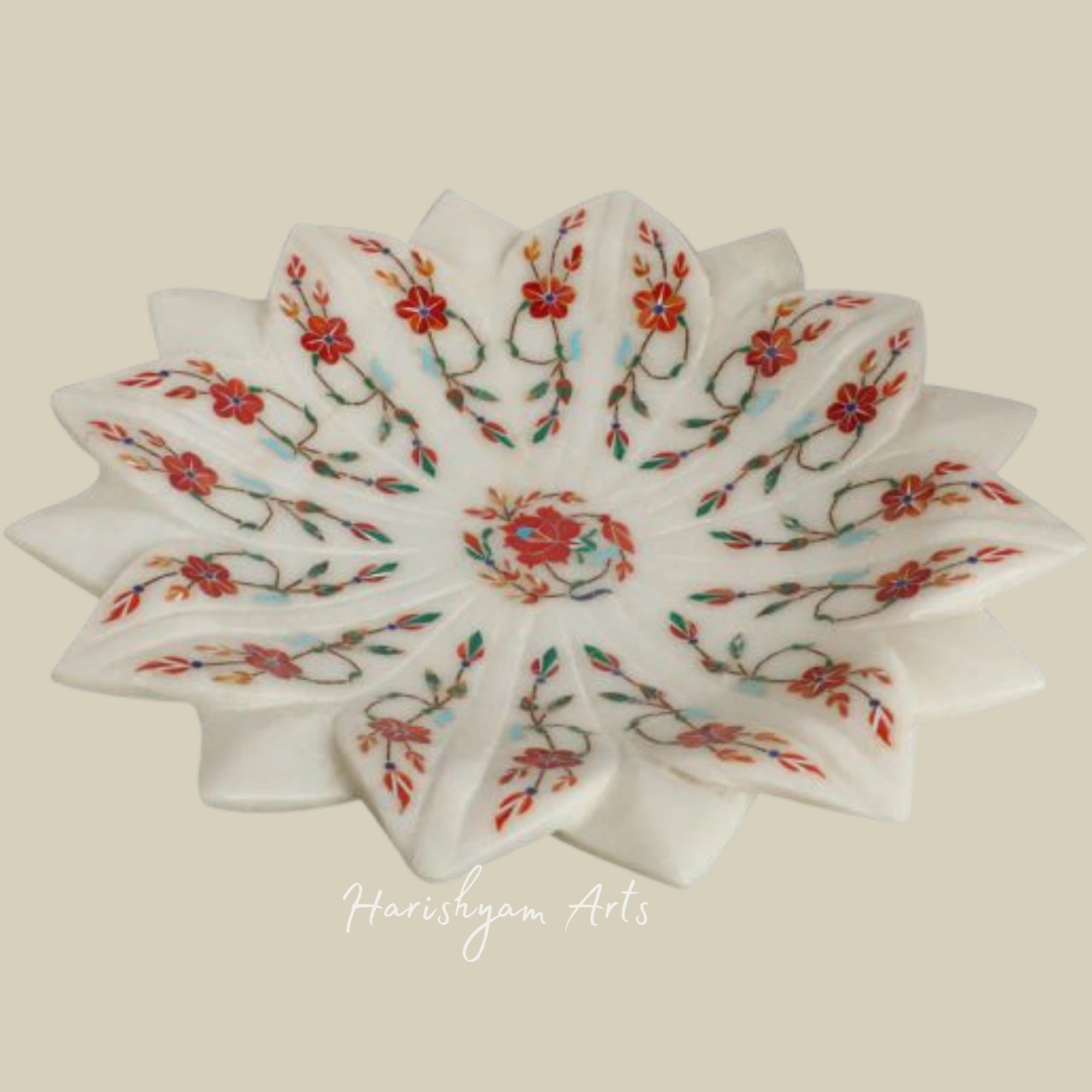 Semi-Precious Stone Inlay Marble Urli Bowl with Lotus Plate Design