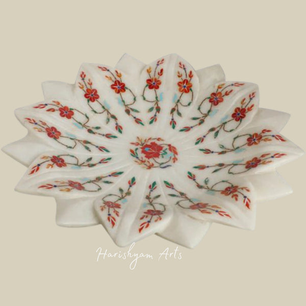 Semi-Precious Stone Inlay Marble Urli Bowl with Lotus Plate Design