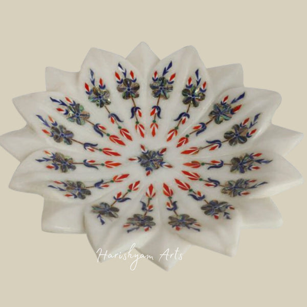 Semi-Precious Stone Inlay Marble Urli Bowl with Lotus Plate Design