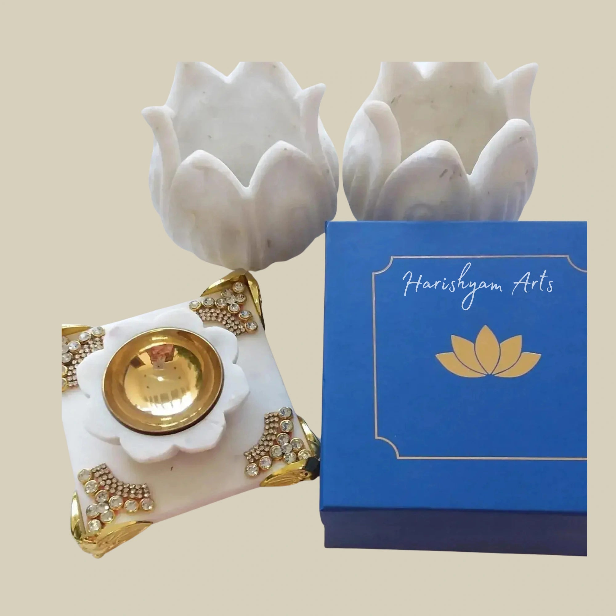 Set of 2 Marble Diyas on Decorative Chowki