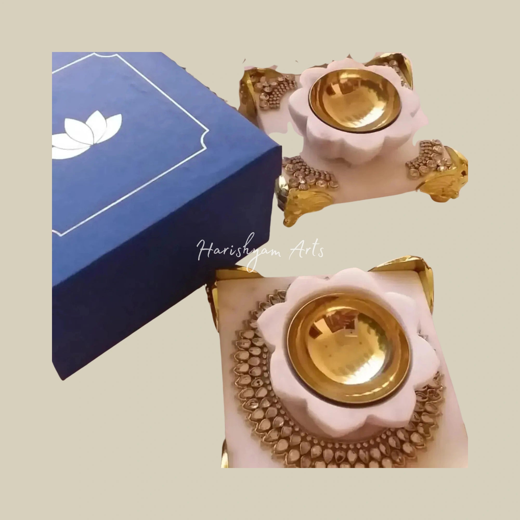 Set of 2 Marble Diyas on Decorative Chowki1