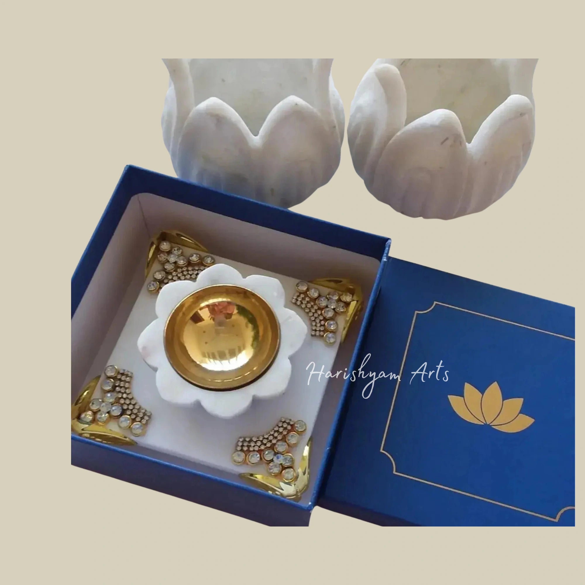 Set of 2 Marble Diyas on Decorative Chowki2