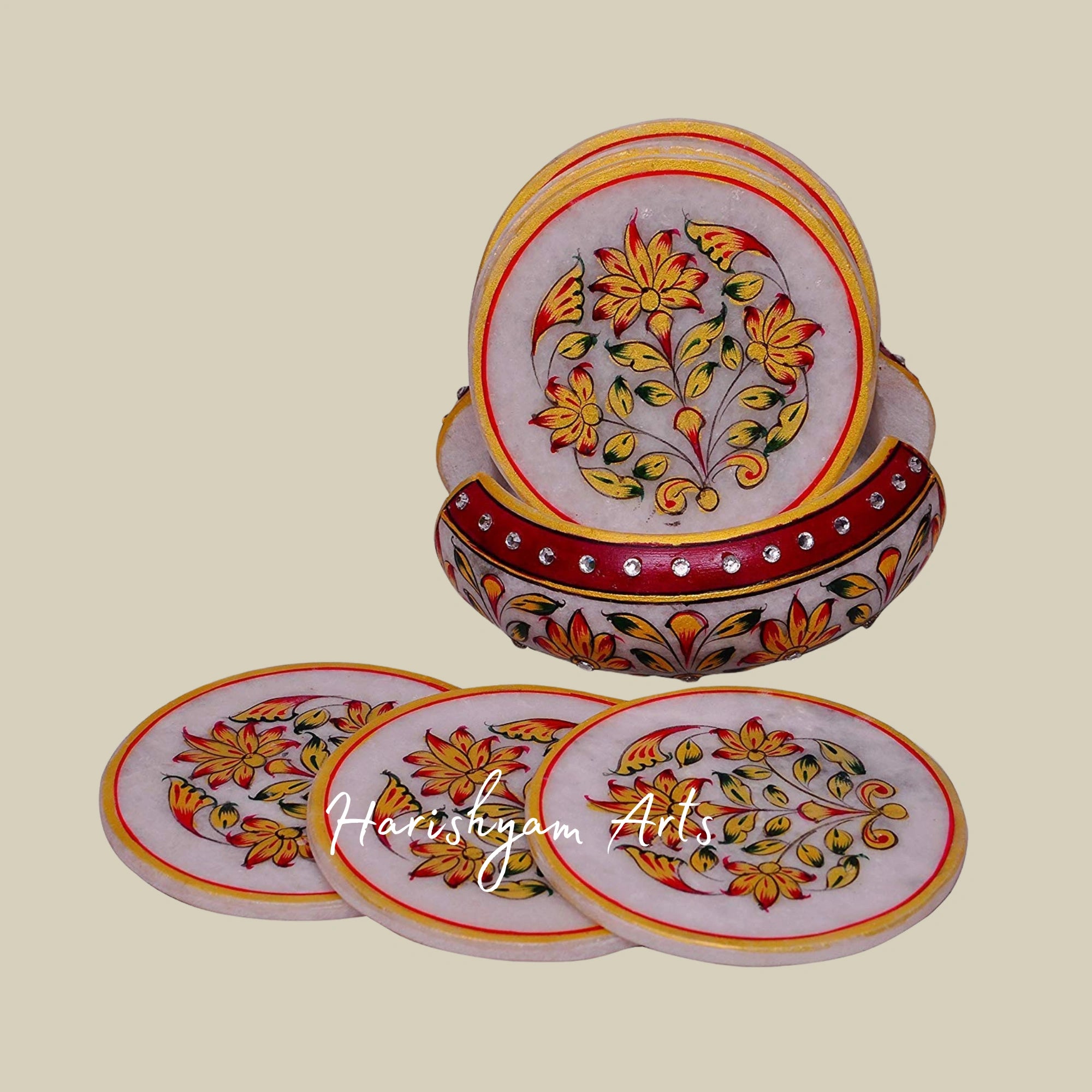 Set of 6 Makrana White Marble Tea Coasters with Elegant Floral Painting