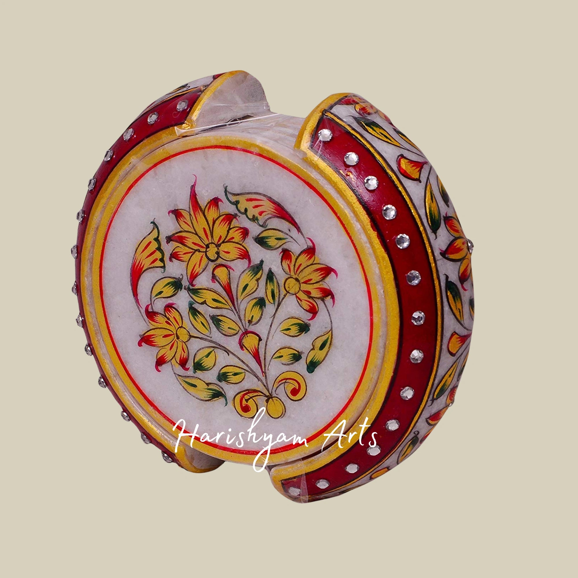 Set of 6 Makrana White Marble Tea Coasters with Elegant Floral Painting2