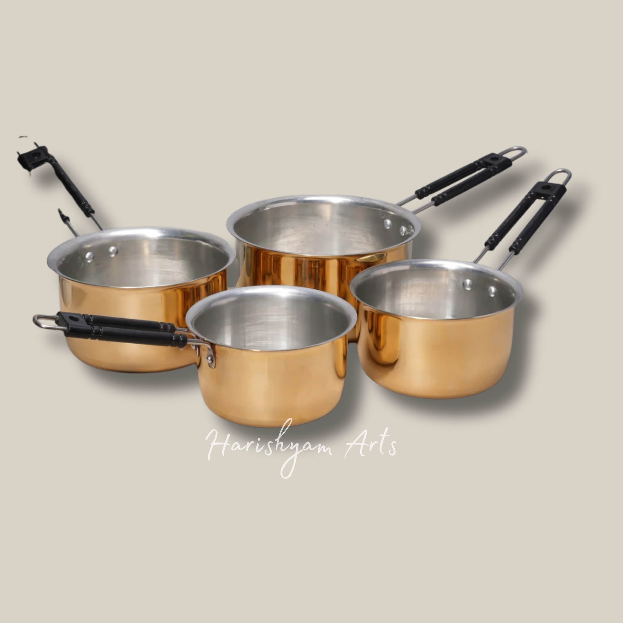 Set of Four Heavy Brass Saucepans for Versatile Cooking Needs