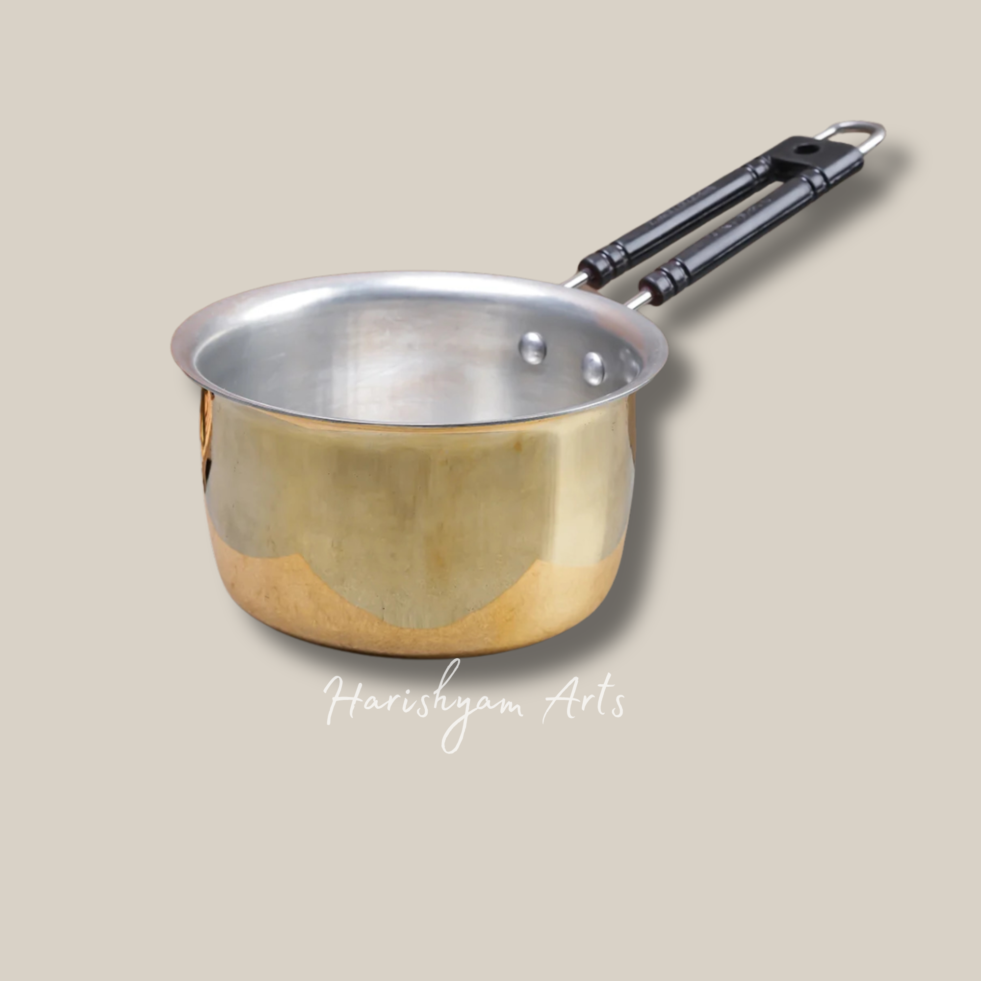 Set of Four Heavy Brass Saucepans for Versatile Cooking Needs