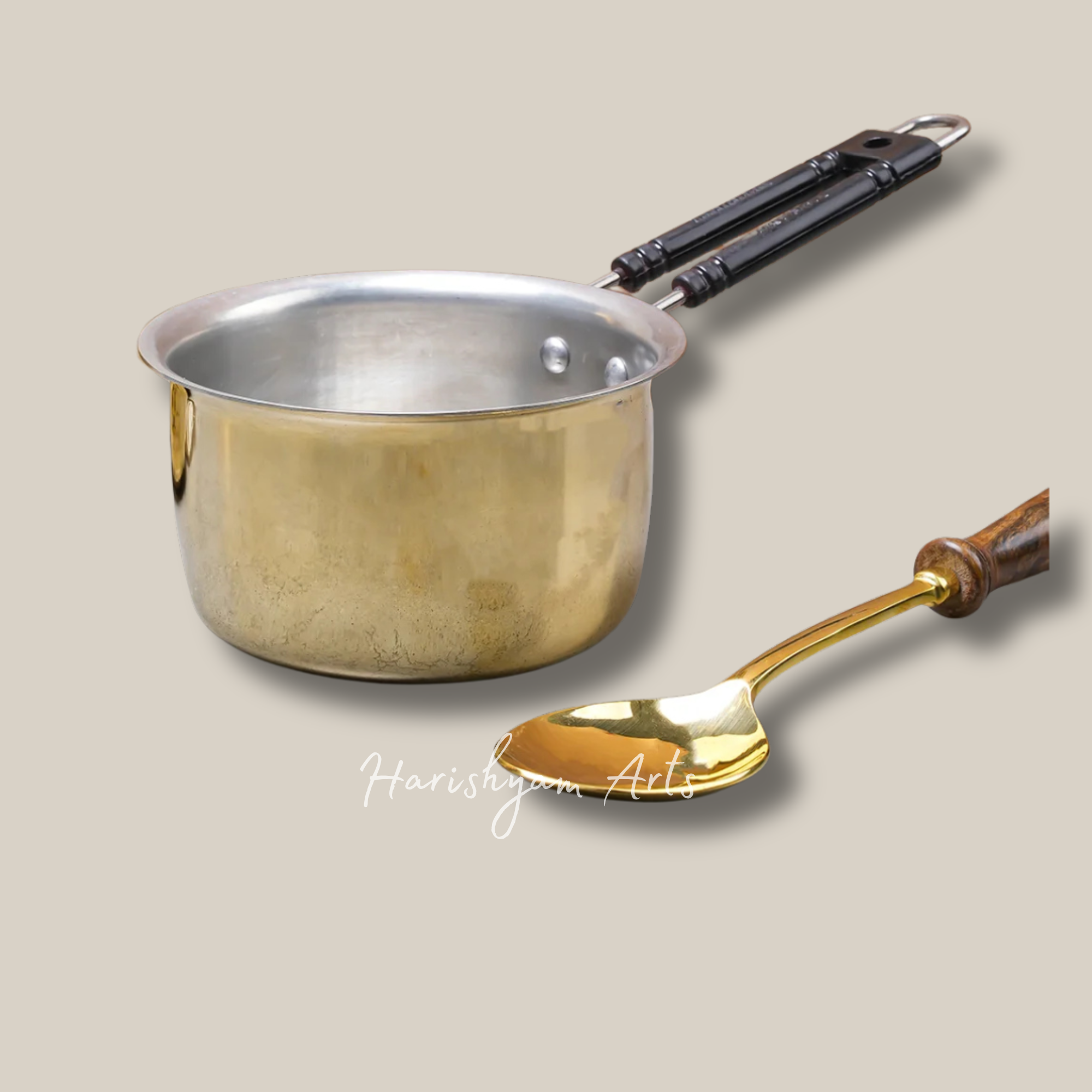 Set of Four Heavy Brass Saucepans for Versatile Cooking Needs