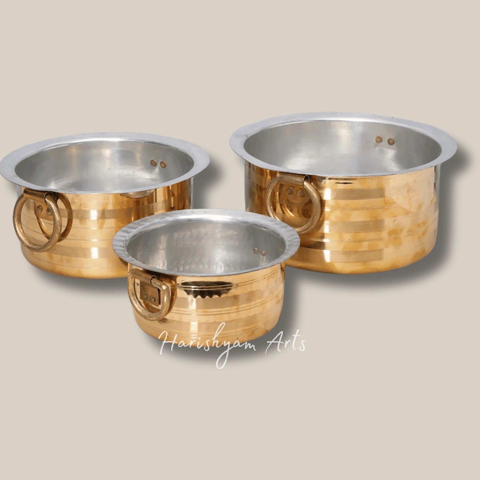 Set of Three Brass Patila Pots for Milk and Cooking in 1L 3L and 5L Sizes