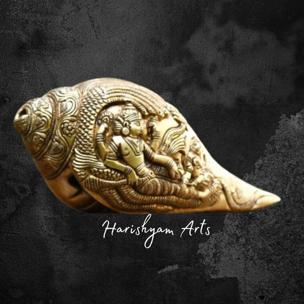 Sheshnag Brass Conch Featuring Lord Vishnu Sculpture
