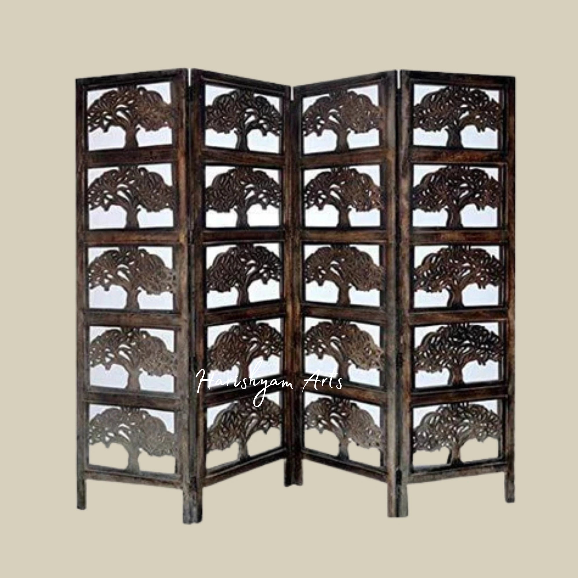 Solid Wood 4 Panel Brown Partition for Living Room Decor