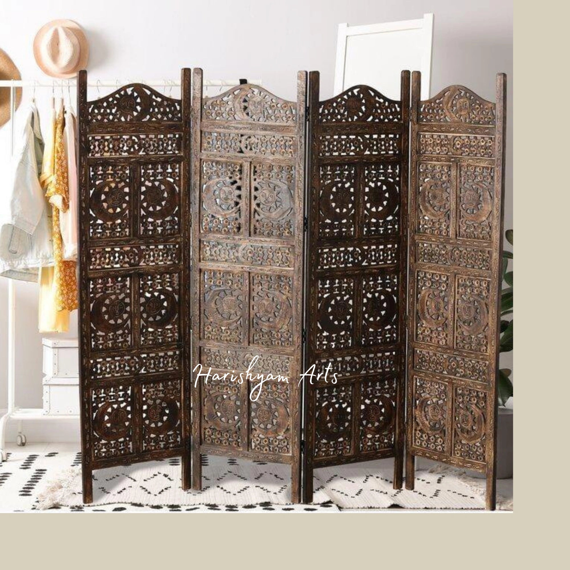 Solid Wood Folding Room Divider with 4 Panels for Living Room