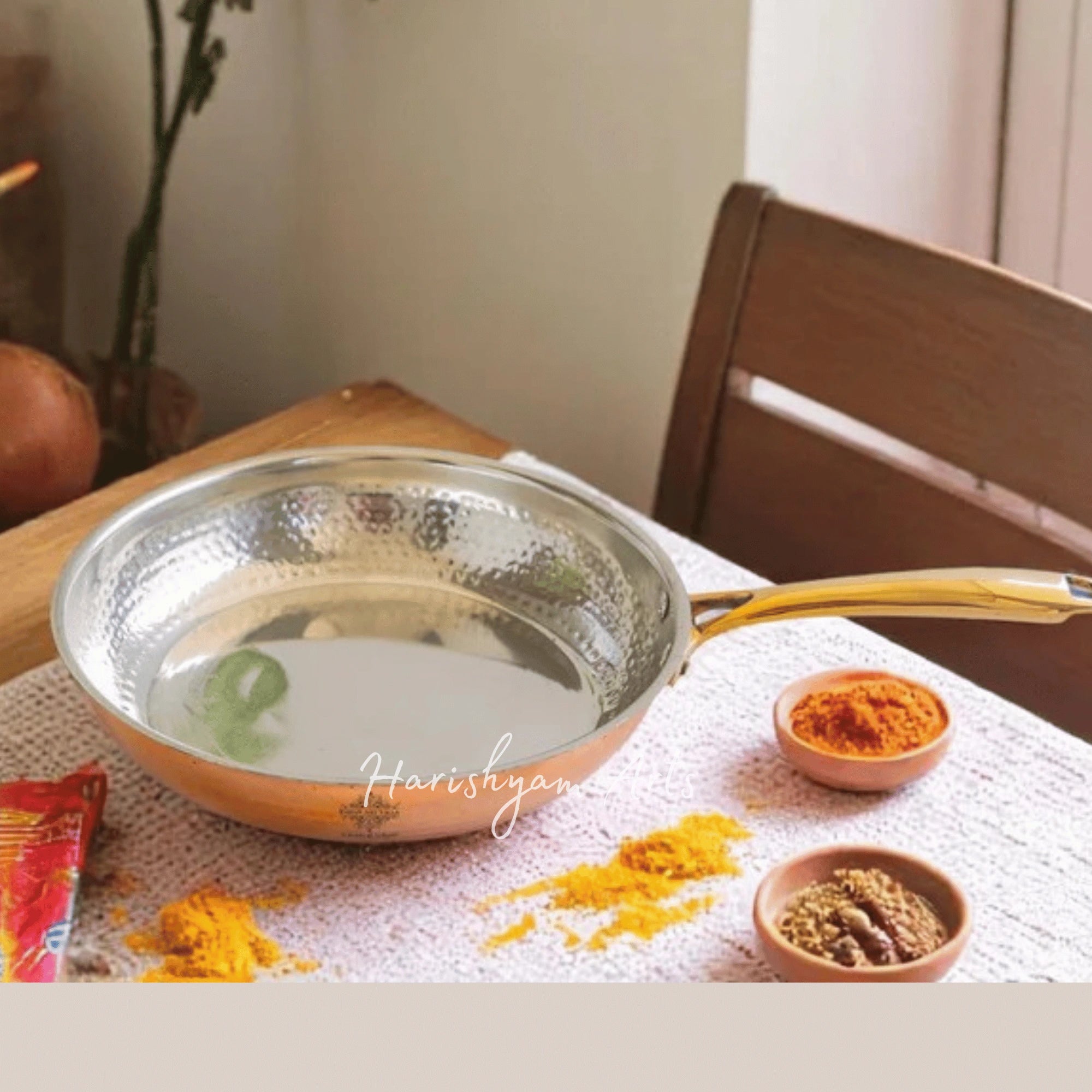 Steel and Copper Frying Pan with Hammered Finish and Tin Lining for Daily Cooking