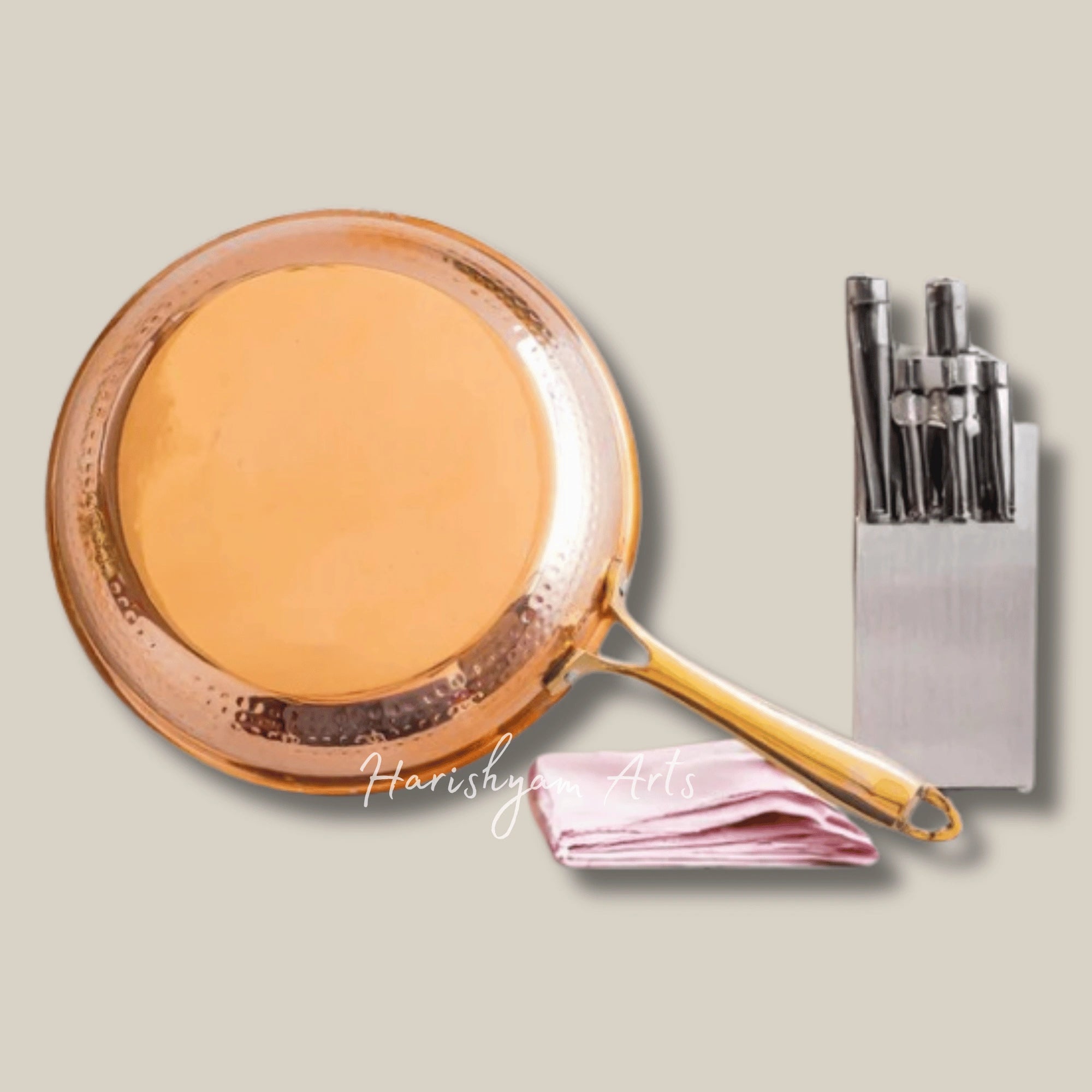 Steel and Copper Frying Pan with Hammered Finish and Tin Lining for Daily Cooking