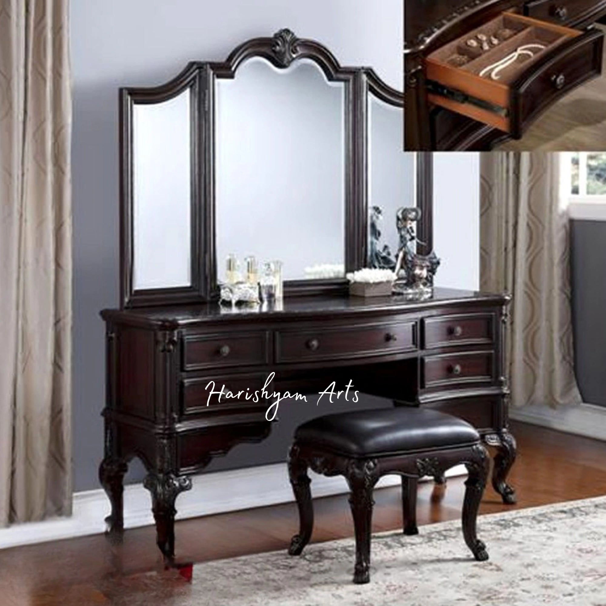 Stylish Teak Wood Vanity Table and Mirror Set