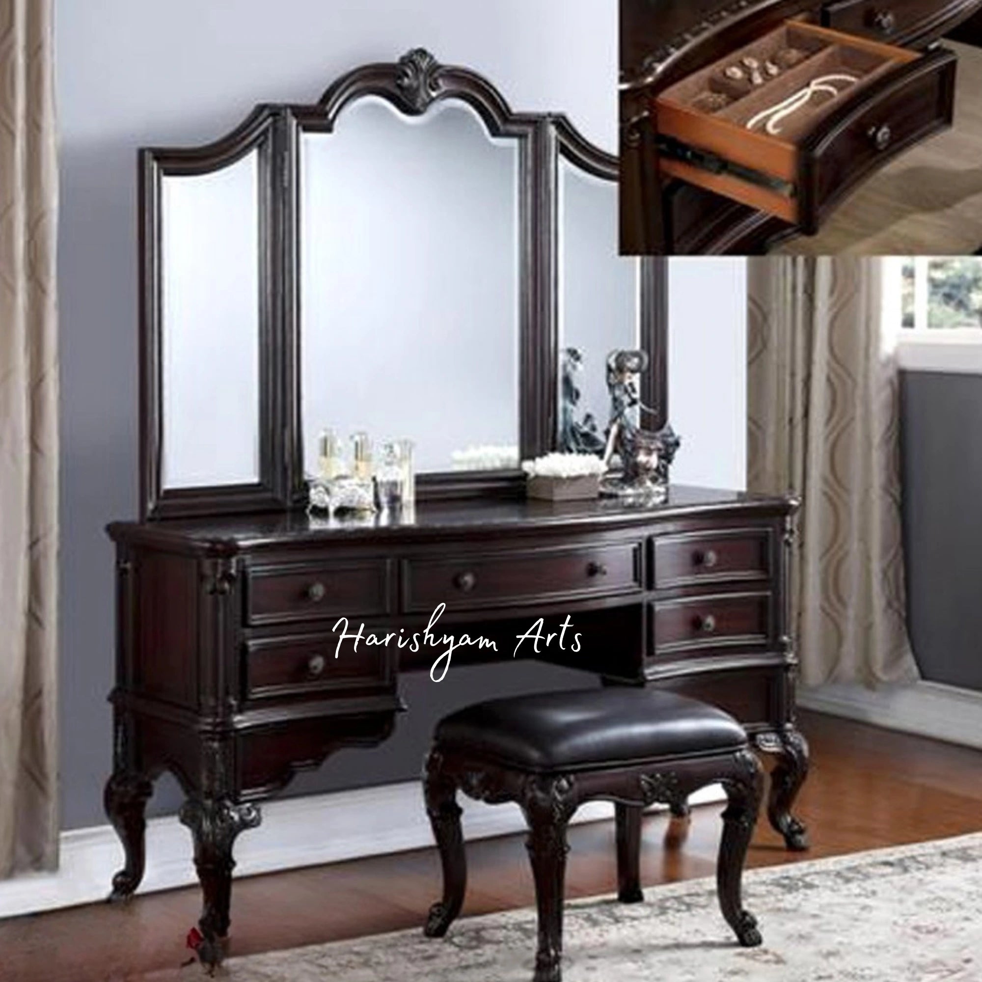 Stylish Teak Wood Vanity Table and Mirror Set1