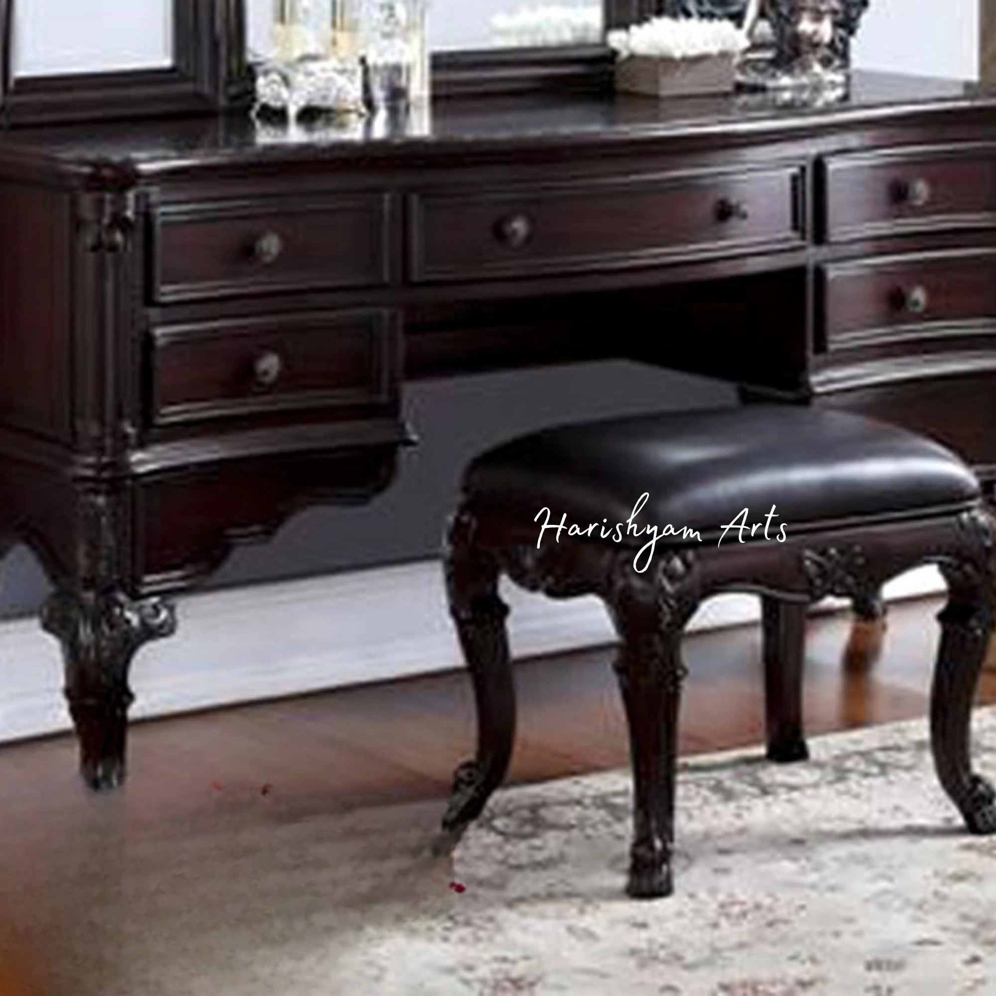 Stylish Teak Wood Vanity Table and Mirror Set2