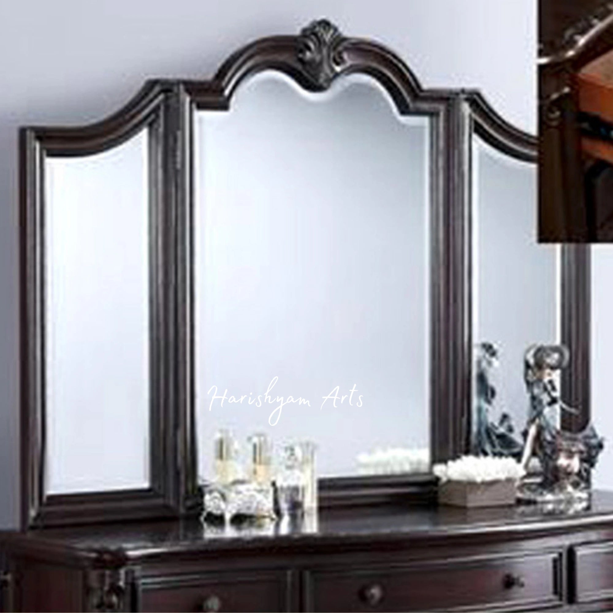 Stylish Teak Wood Vanity Table and Mirror Set3