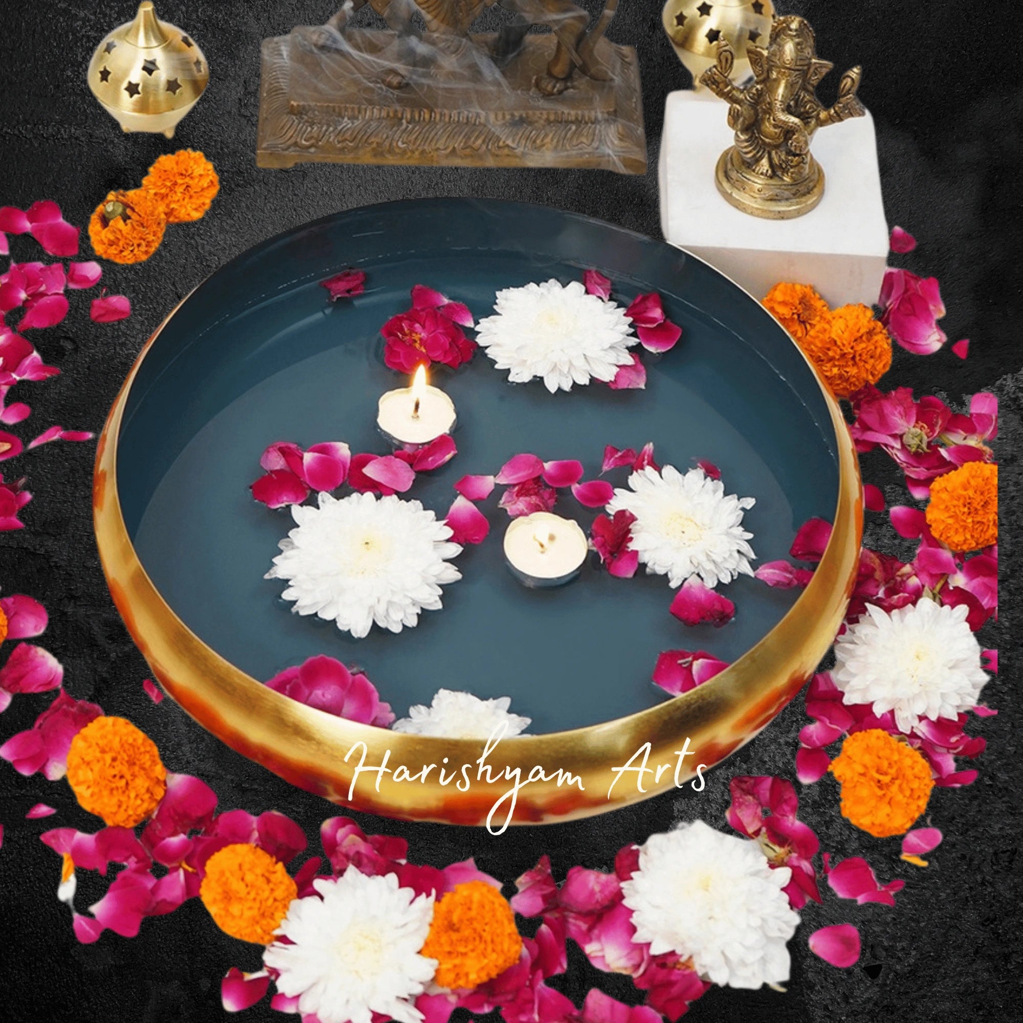 Teal Blue Brass Urli Bowl for Contemporary and Traditional Interiors