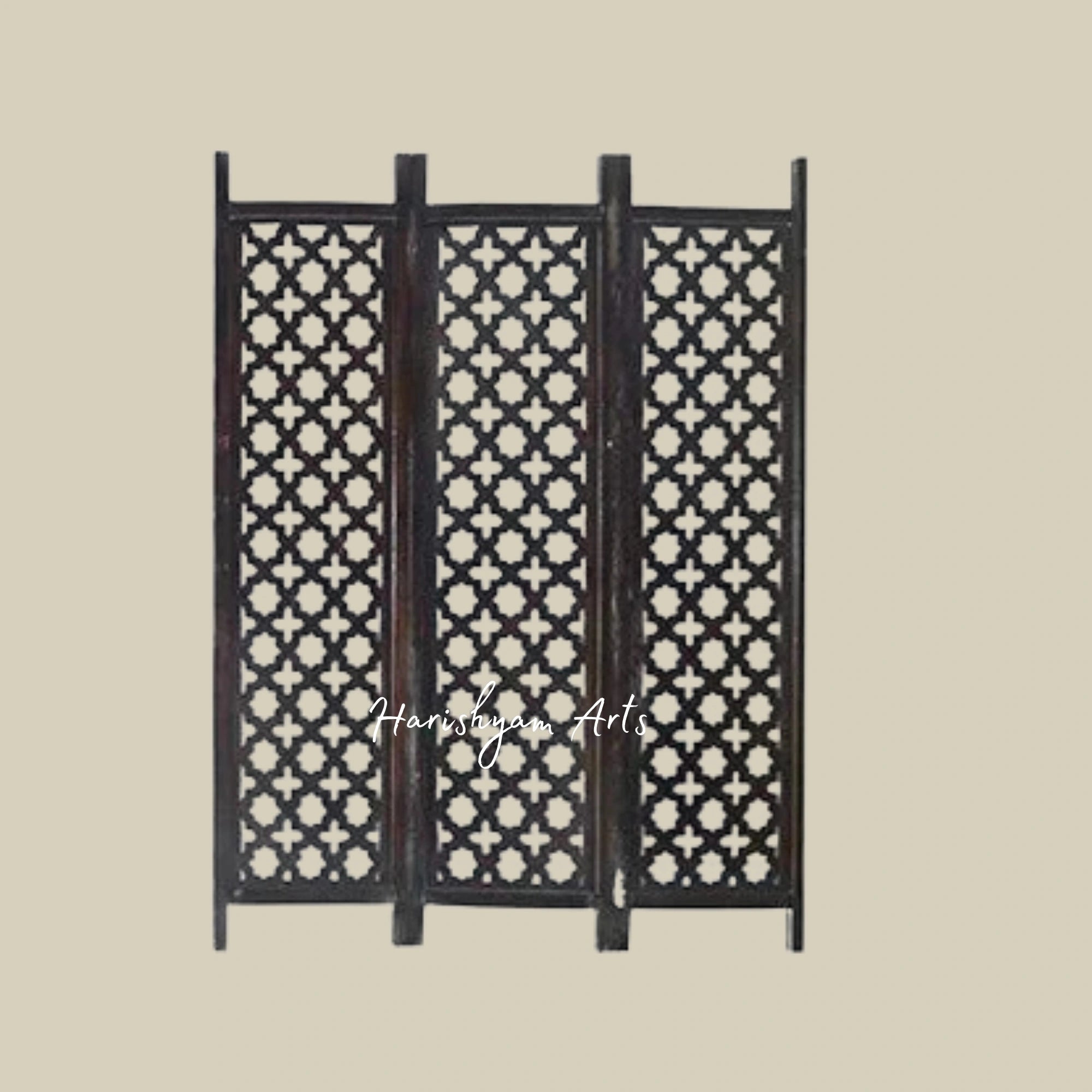 Traditional 3 Panel Wooden Room Divider with Indian Carvings