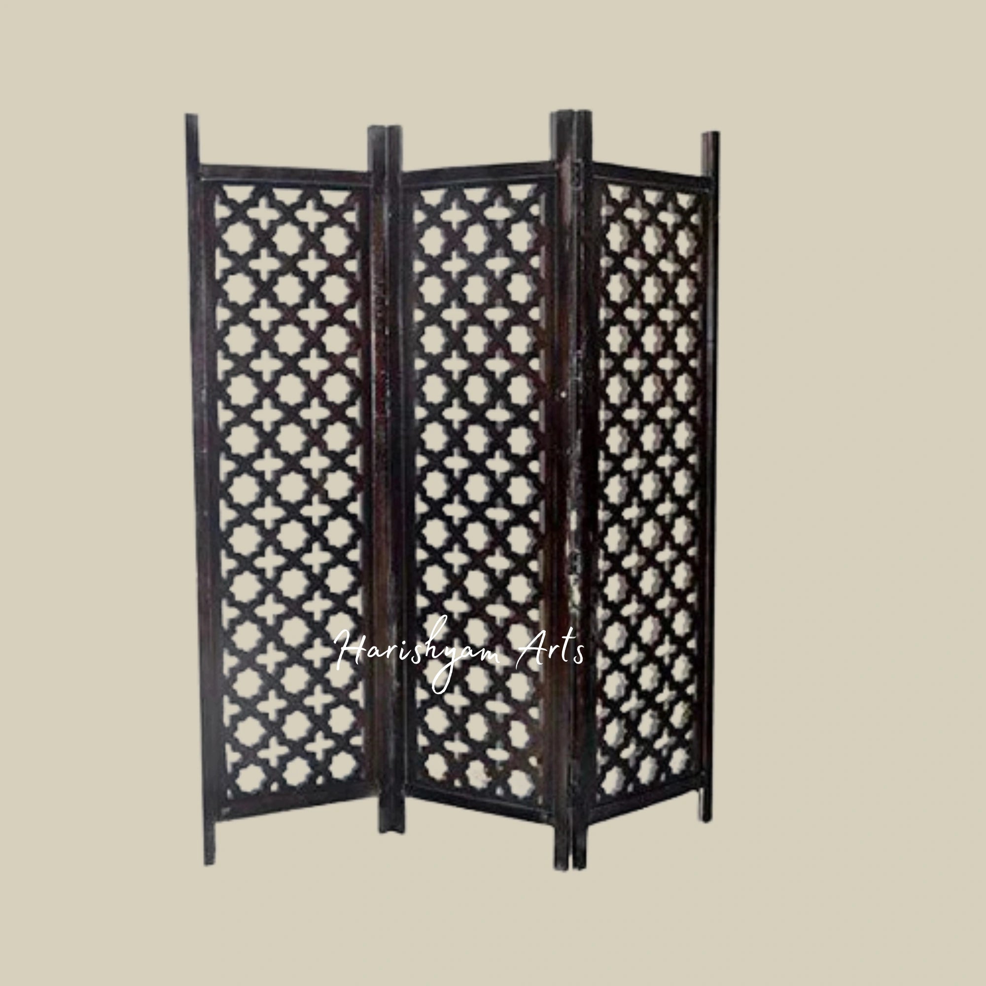 Traditional 3 Panel Wooden Room Divider with Indian Carvings