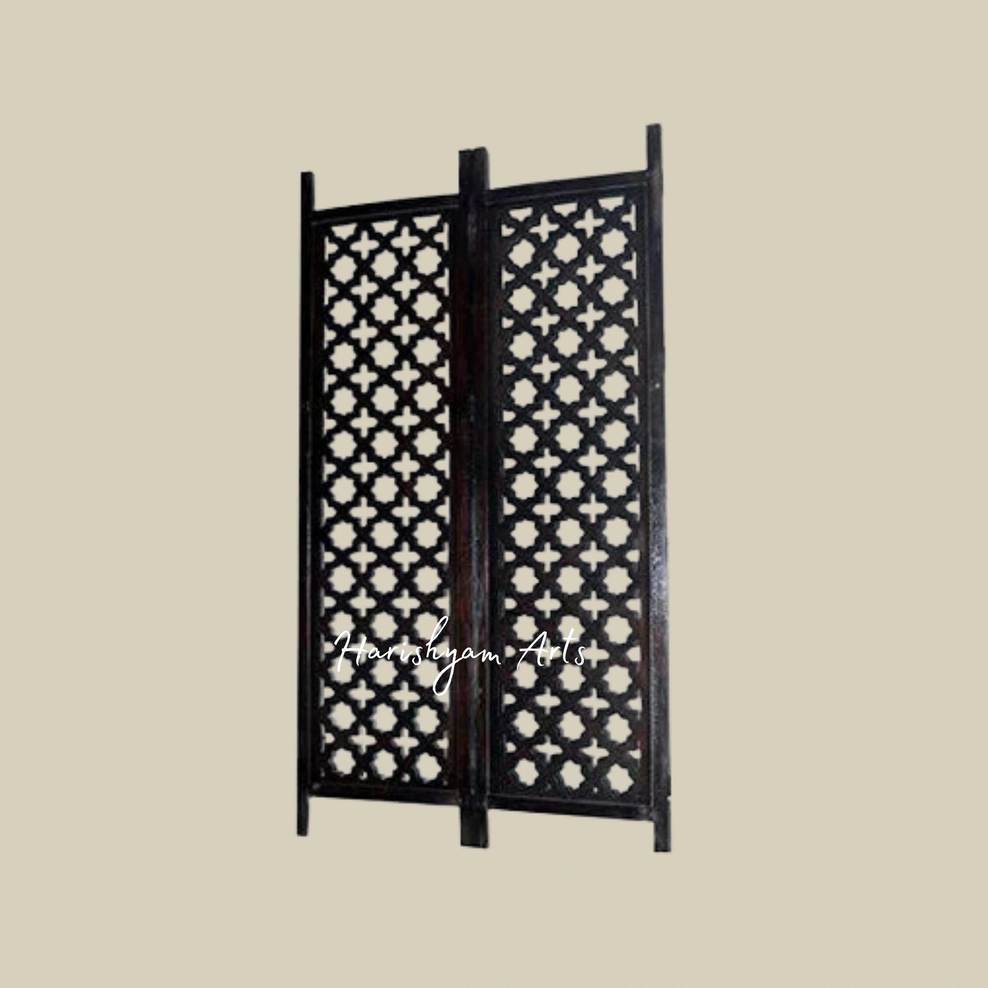 Traditional 3 Panel Wooden Room Divider with Indian Carvings