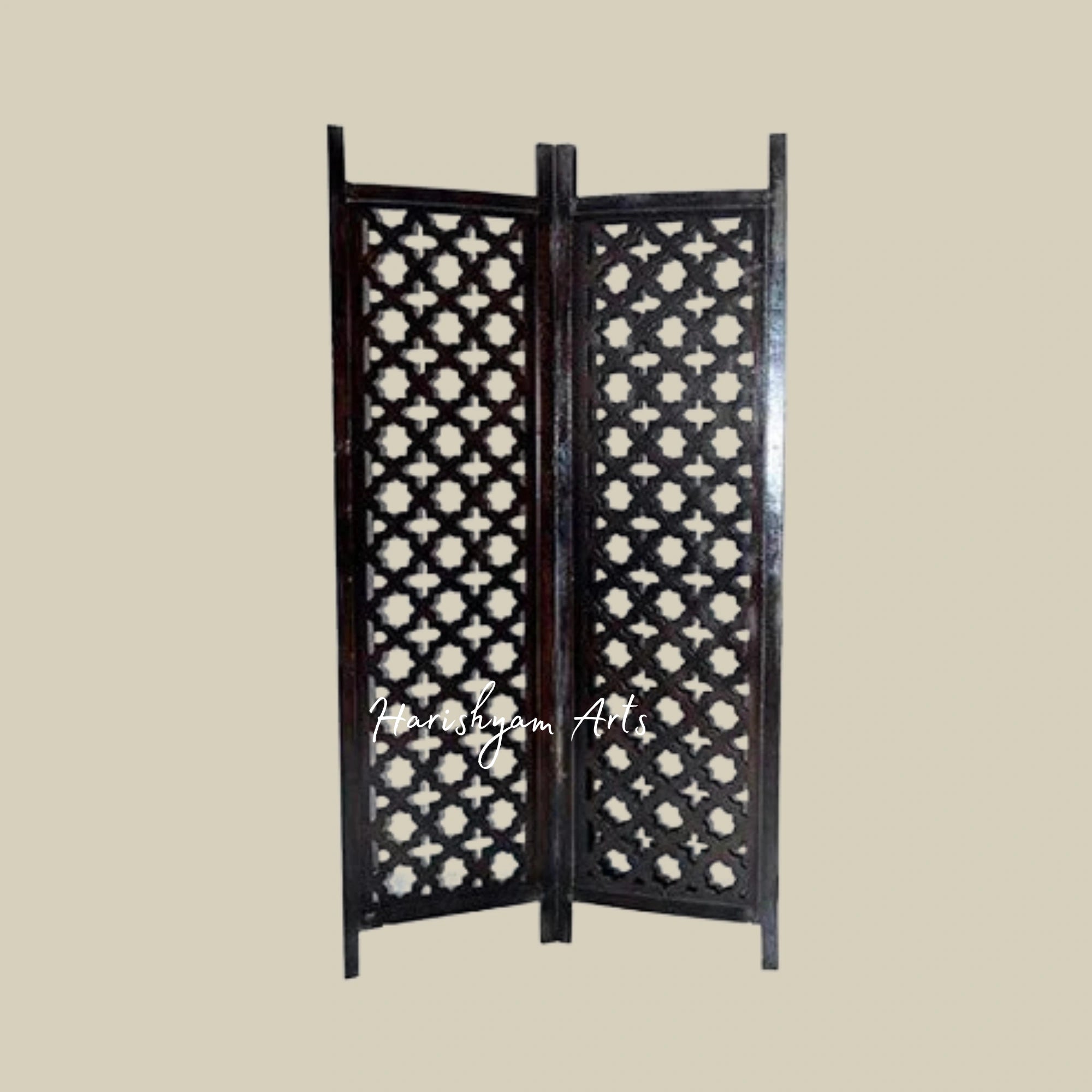 Traditional 3 Panel Wooden Room Divider with Indian Carvings